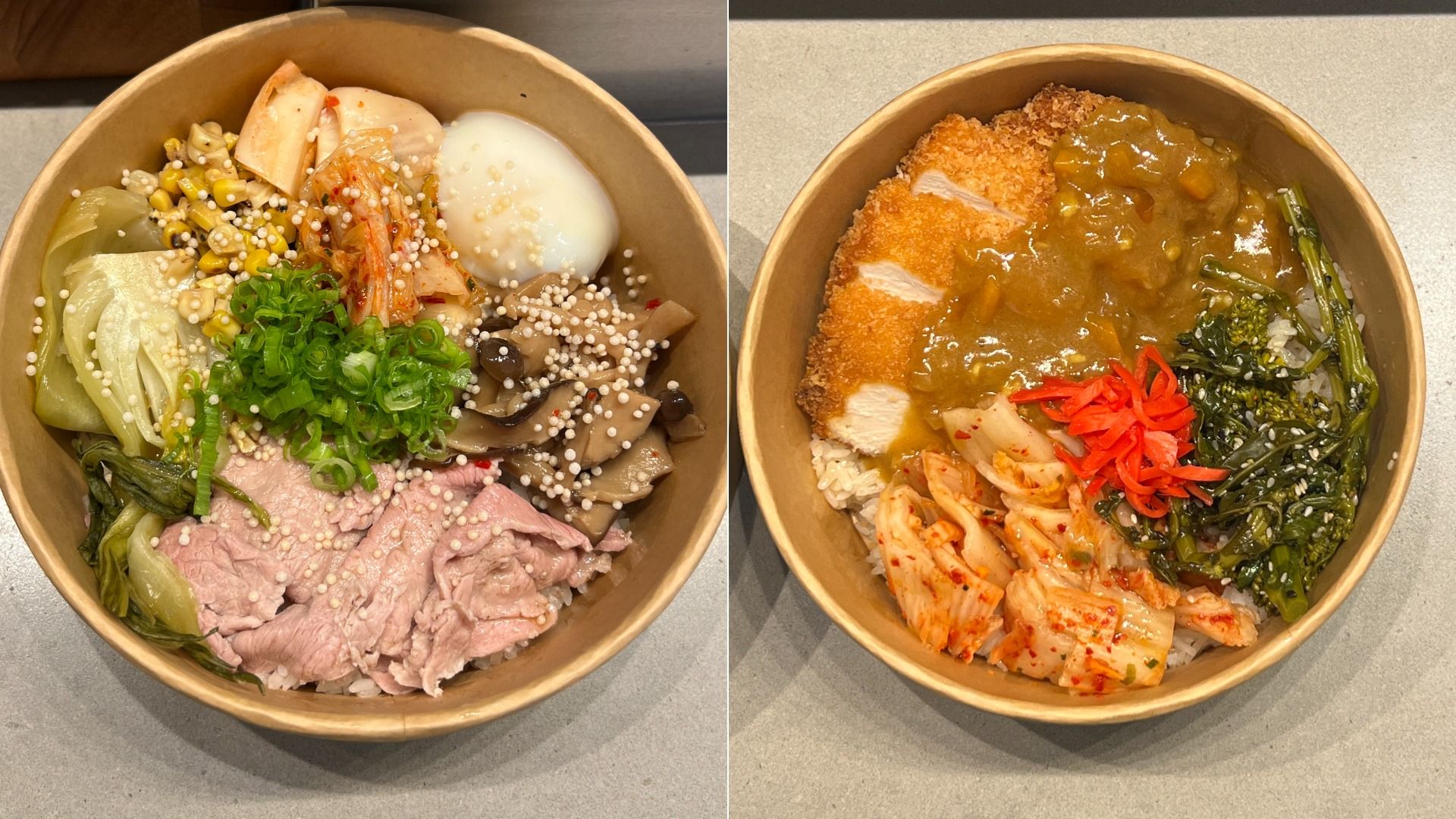 Two bowls: beef shabu shabu with vegetables and egg (left) and fried chicken katsu with Japanese curry and kimchi (right)