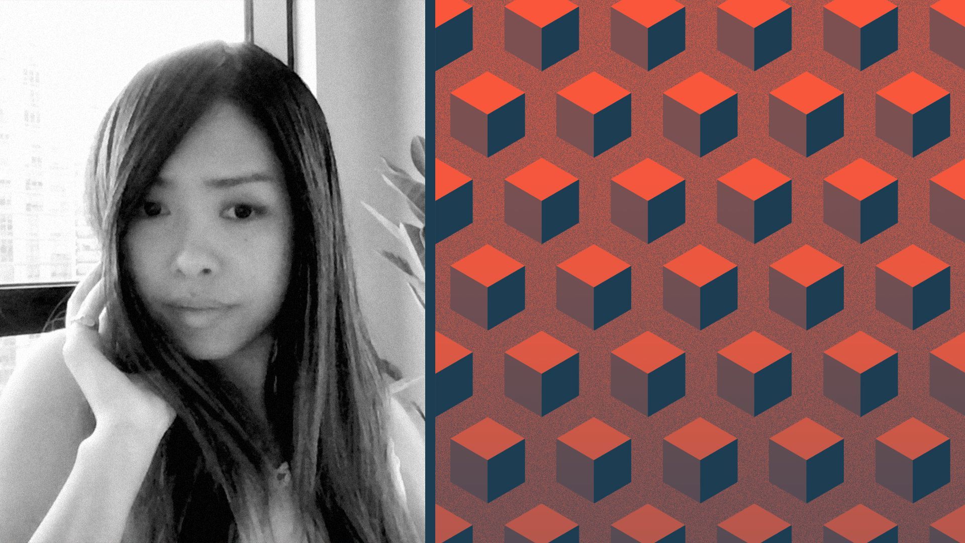 Photo illustration of Michelle Chiu next to a pattern of red and blue blocks.