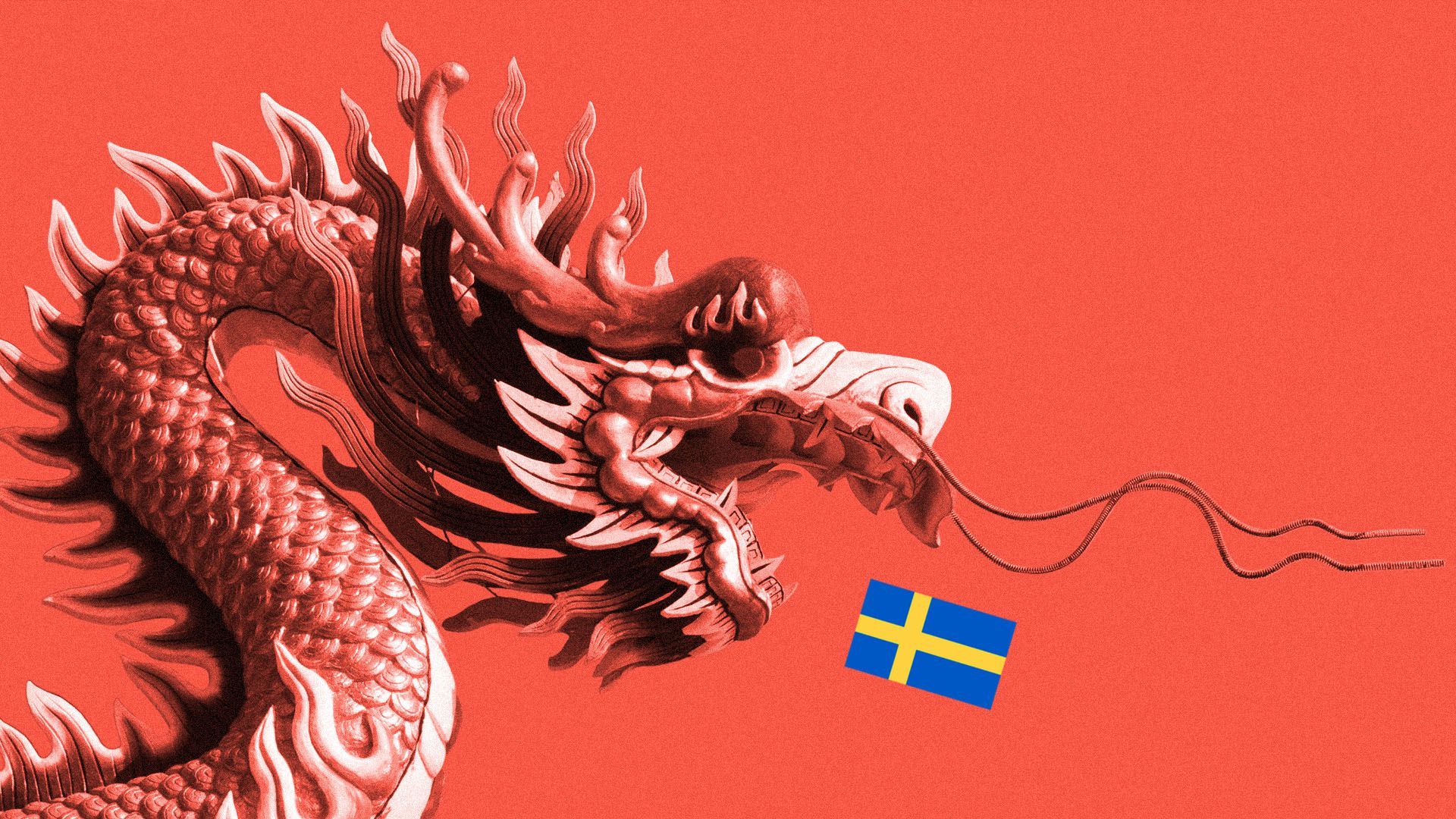 Illustration of a Chinese-style dragon roaring aggressively at the Swedish flag