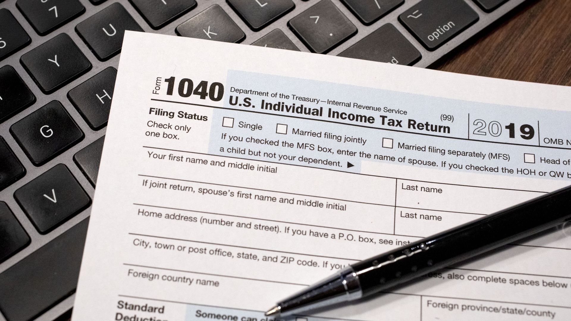 IRS 1040 Individual Income Tax form for the 2019 tax year