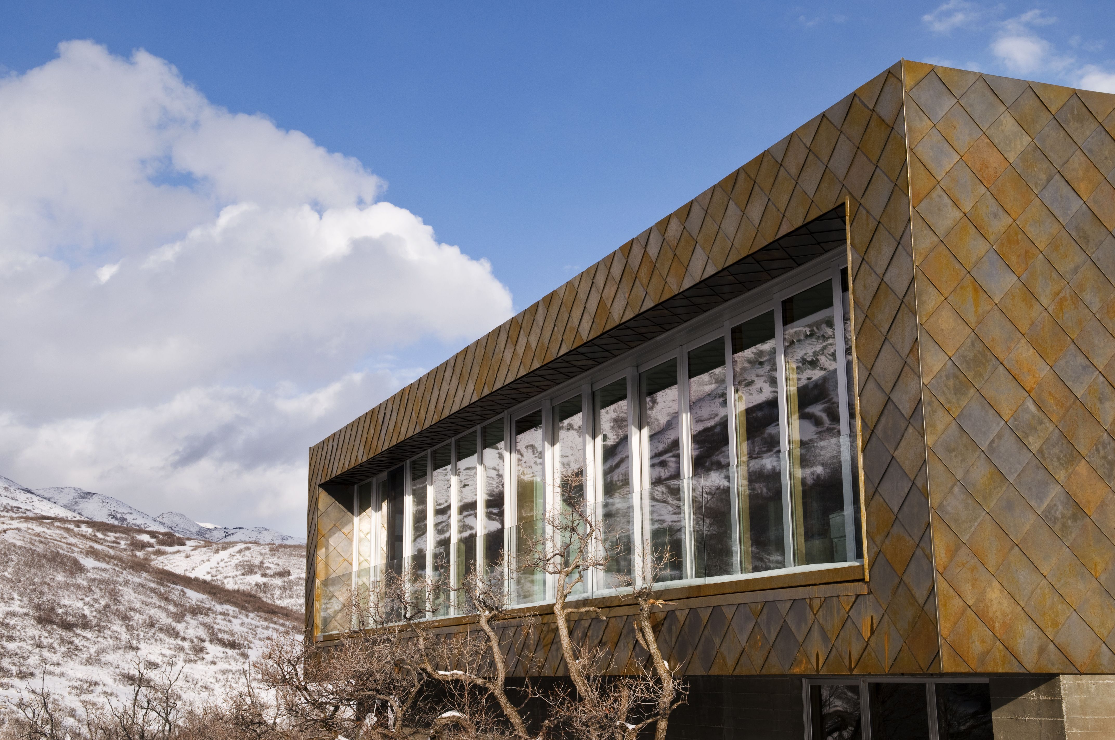 A house with a wall of windows. The walls are clad in rusted metal tiles arranged like snake scales.
