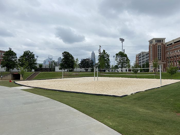 Sand volleyball courts with a skyline view. 