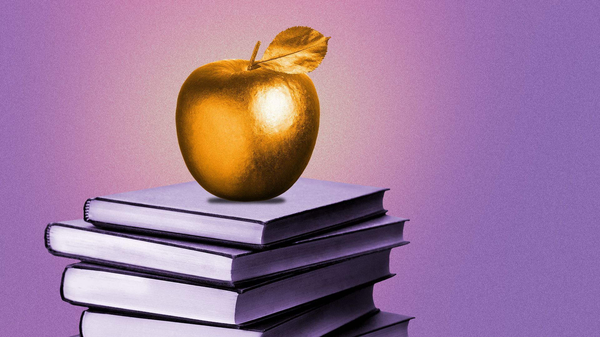 Illustration of a golden apple on a stack of books.