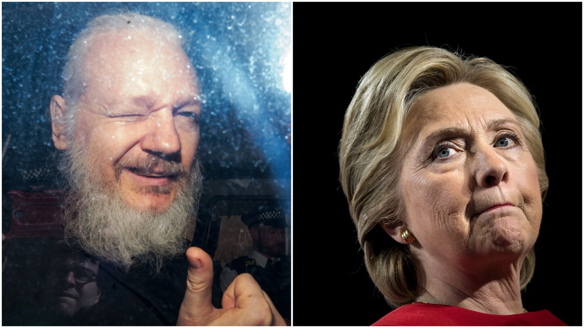 This image is a split screen of Julian Assange giving reporters a thumbs up and Hillary Clinton looking concerned.