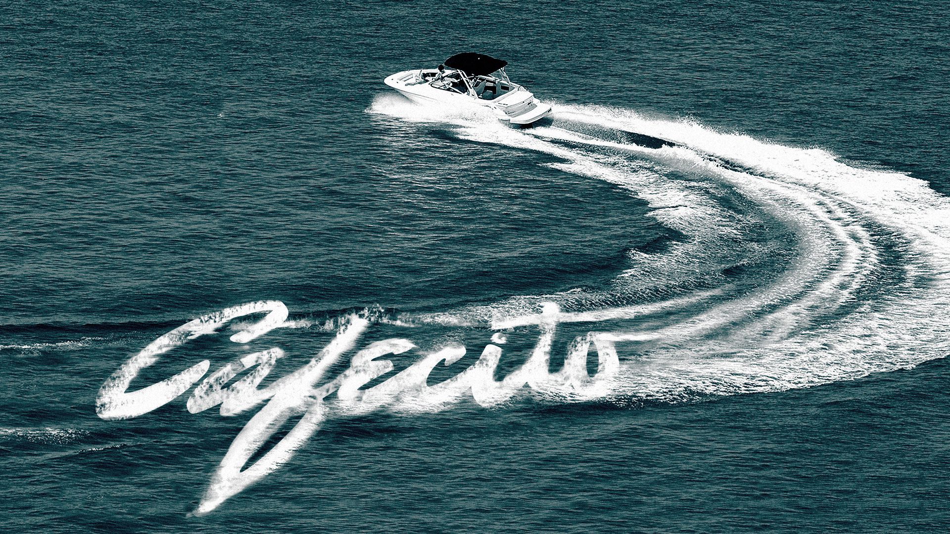 Illustration of  "Cafecito" spelled out in the wake of a speedboat.