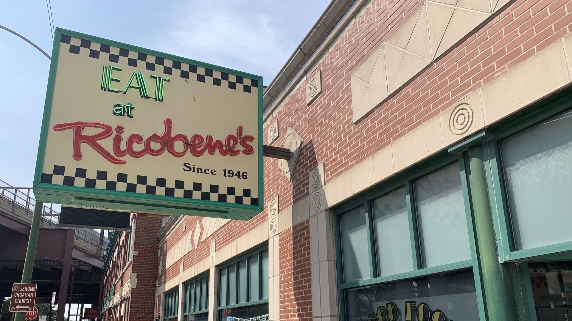 The checker-board signage outside of Ricobene's that says "Eat at Ricobene's since 1946"