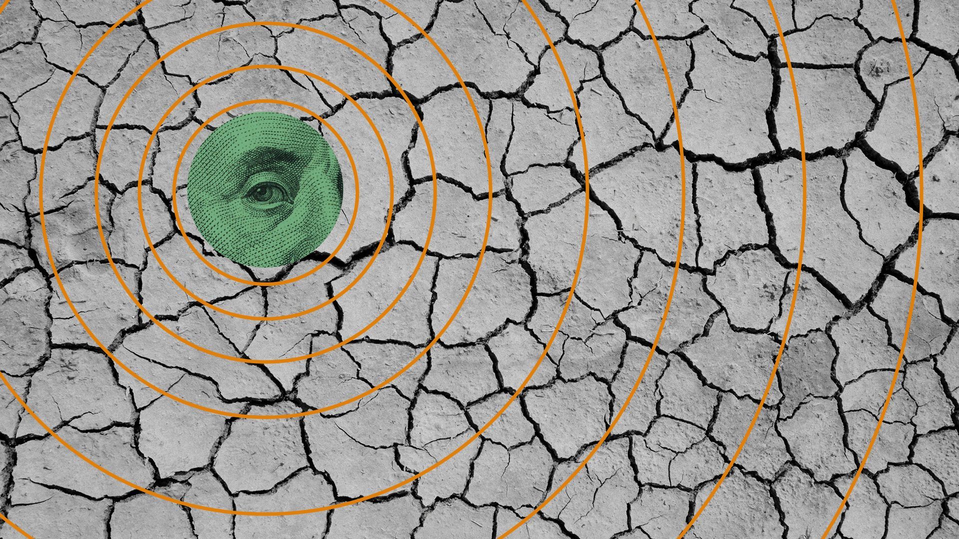 Illustration of the eye of Benjamin Franklin from a hundred dollar bill isolated in a dried out landscape with abstract circles surrounding the eye. 
