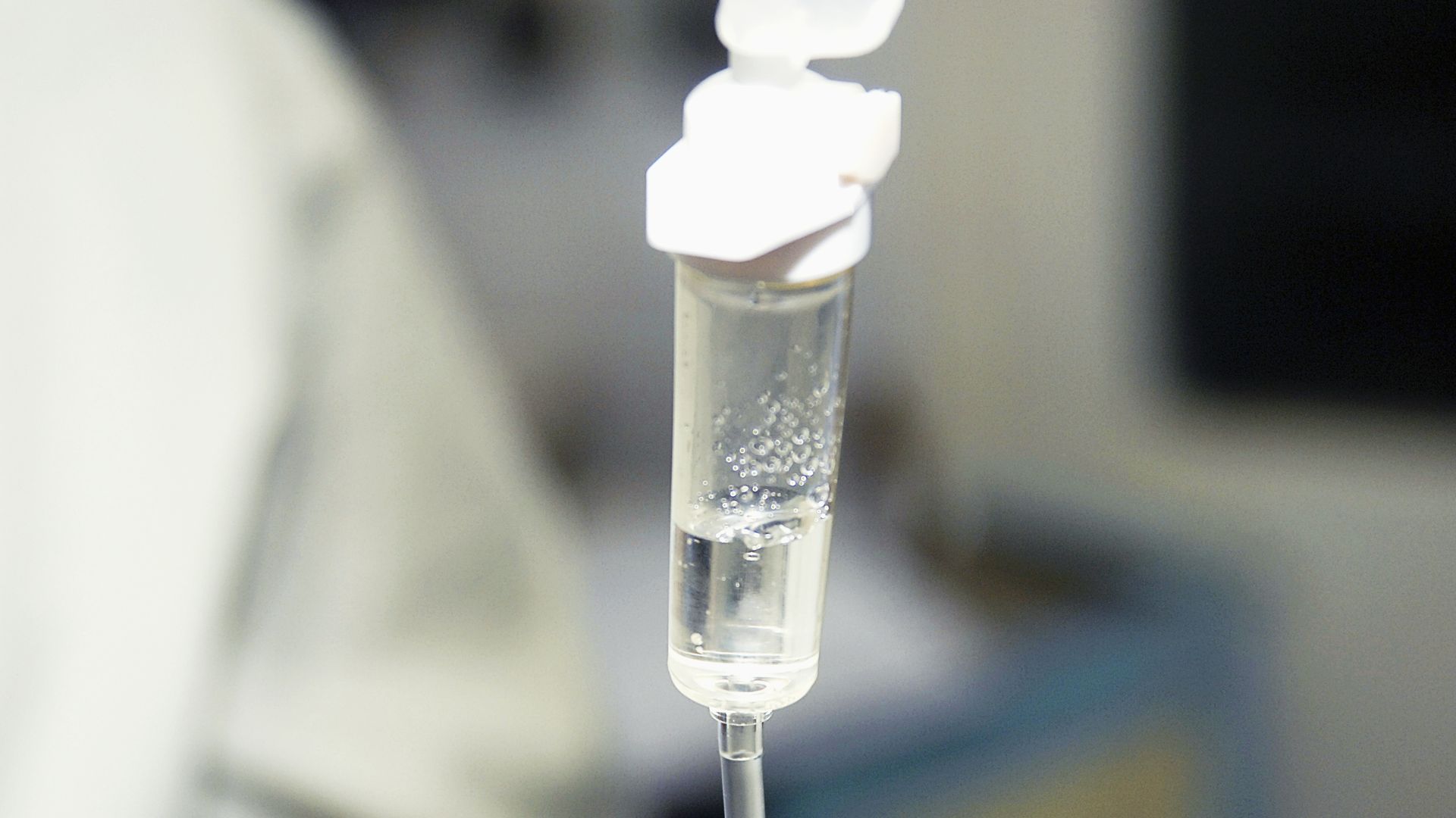 Close-up photo of a saline IV drip