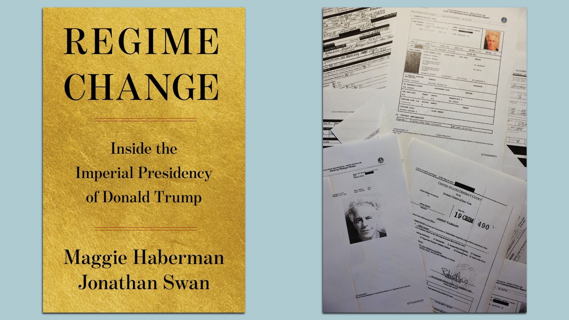 Two-panel image: left a gold book cover reading "REGIME CHANGE" with subtitle "Inside the Imperial Presidency of Donald Trump"; right a pile of government forms and papers.