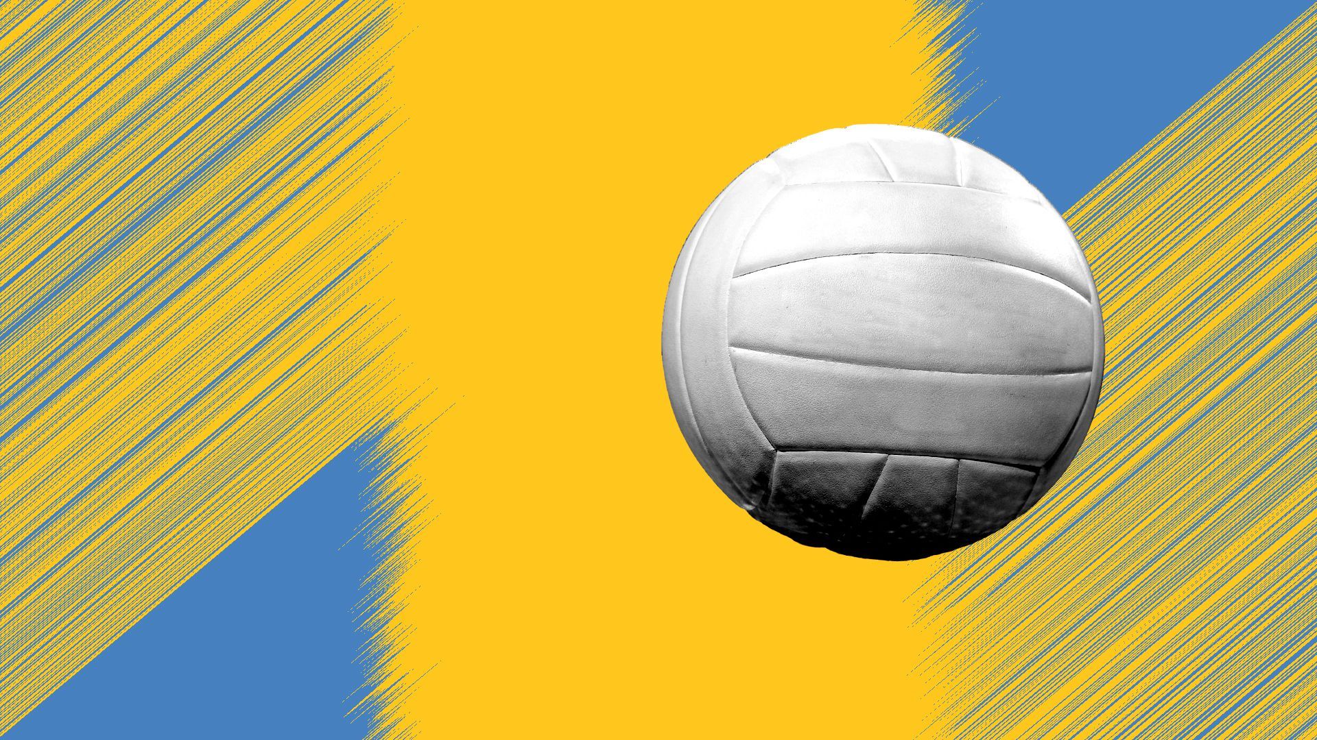 Illustration of a volleyball over blue and yellow diagonal lines. 