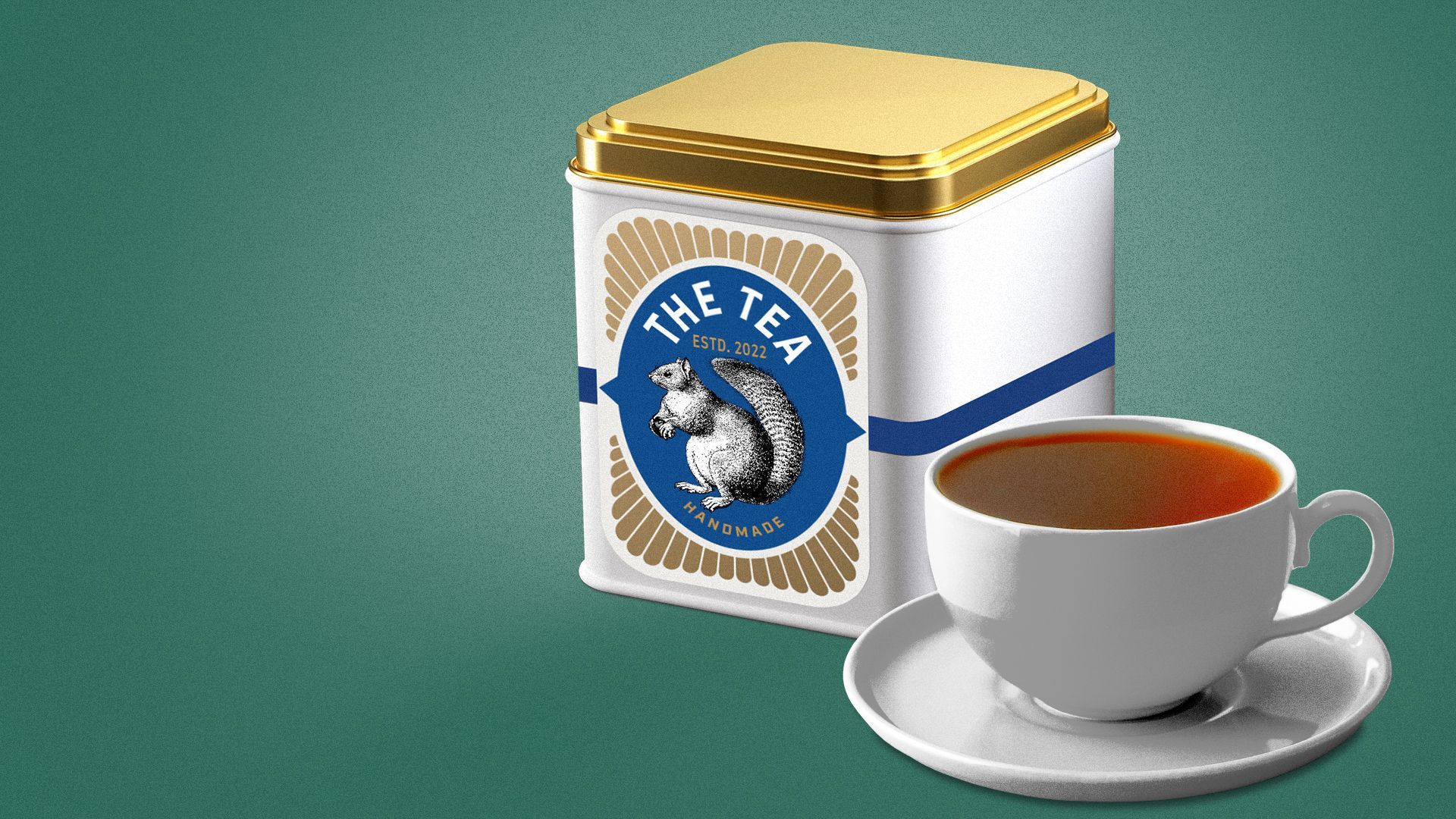 Illustration of a Raleigh-themed tea tin featuring a squirrel and cup of tea.