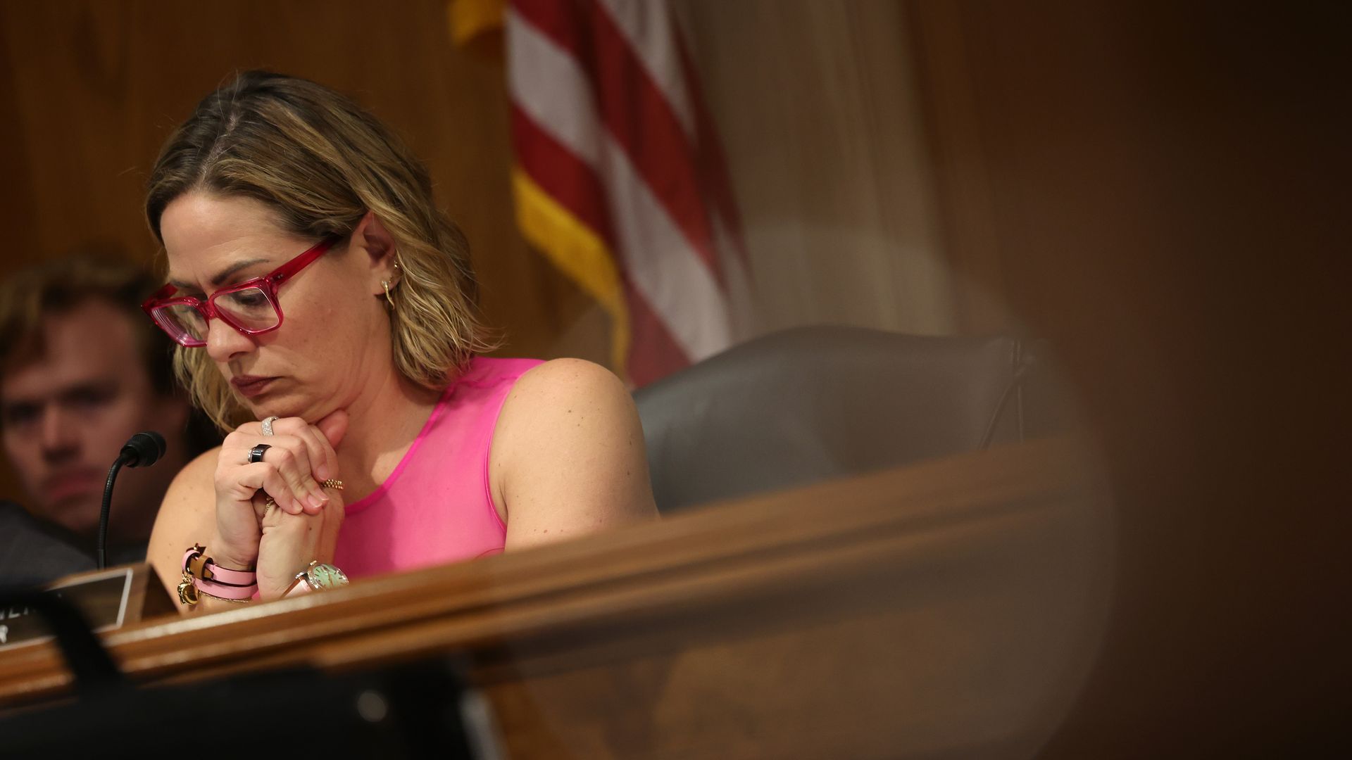 U.S. Sen. Kyrsten Sinema (I-AZ) participates in a Senate Homeland Security and Government Affairs subcommittee hearing on Title 42, at the Dirksen Senate Office Building on September 6, 2023 in Washington, DC.
