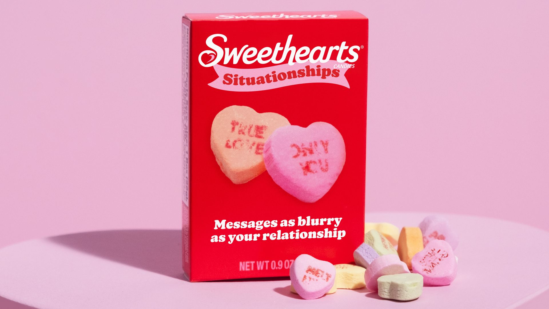 A box of candy hearts with the word "Sweethearts Situationships" on it.