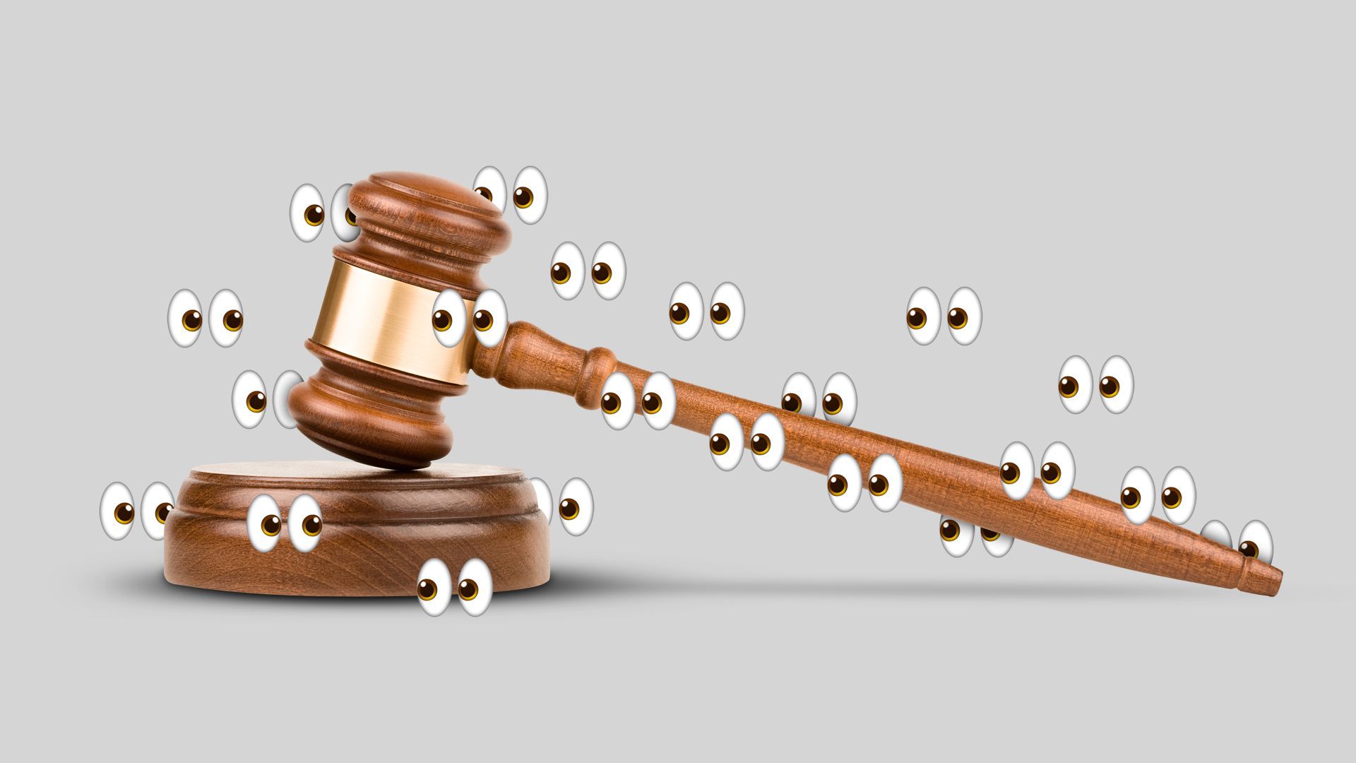Illustration of a gavel with many sets of emoji eyes all around it