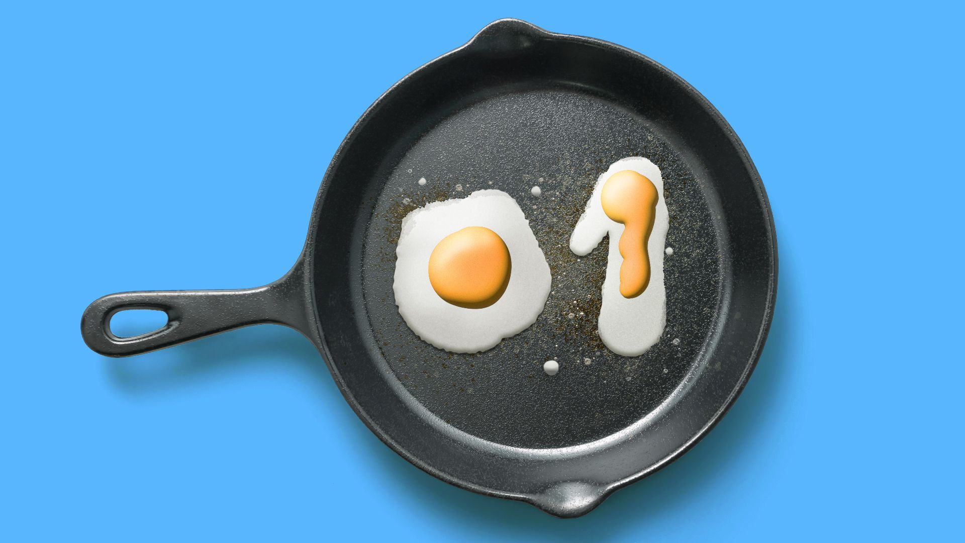 Illustration of 0 and 1 shaped eggs in a skillet 