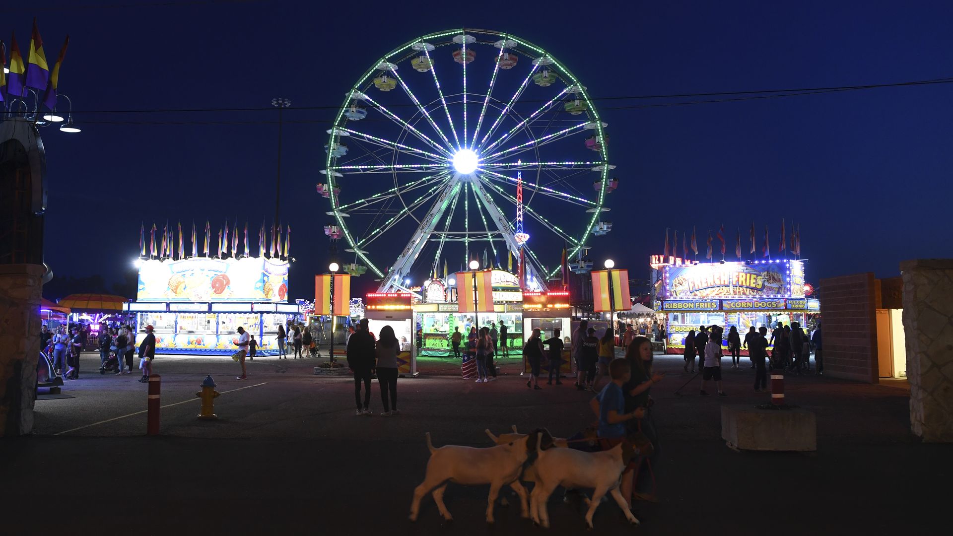 Nighttime fair scene with a large lit Ferris wheel in the center, colorful vendor booths with flags, and people walking. In the foreground, two kids walk three goats.