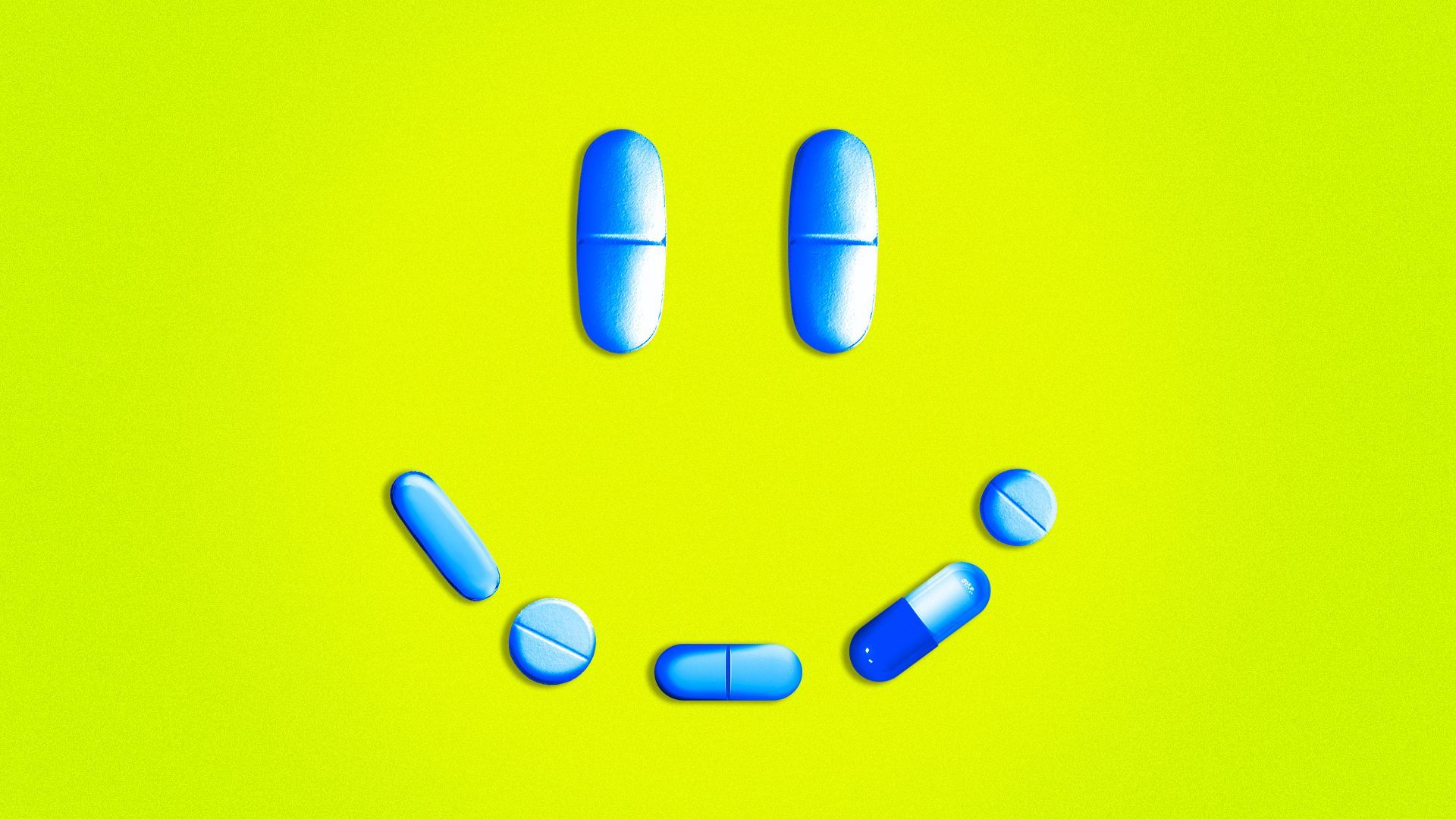 Illustration of various pills forming a smiley face. 