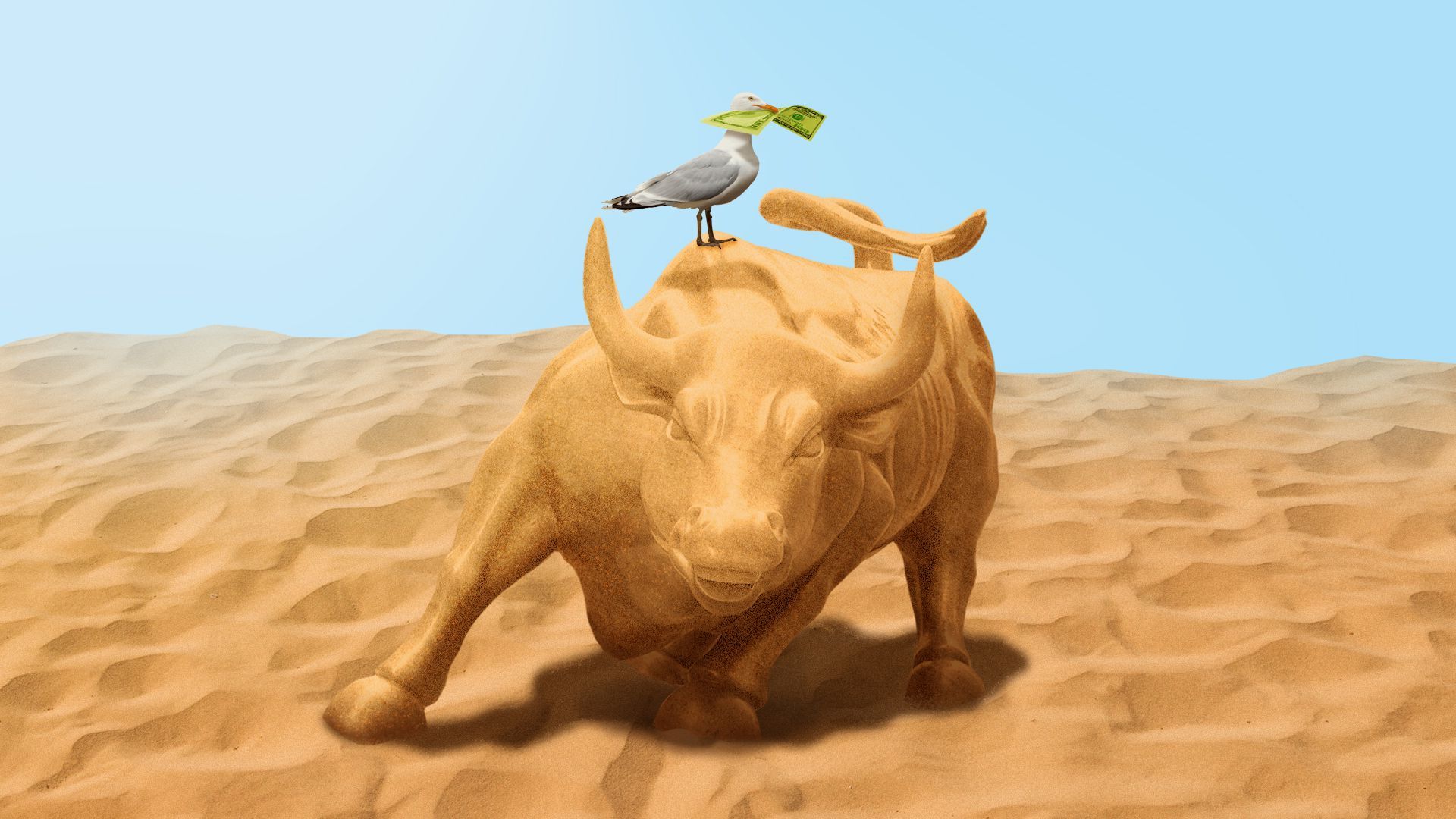 Illustration of a sand sculpture in the shape of the Wall Street Bull statue with a seagull on top