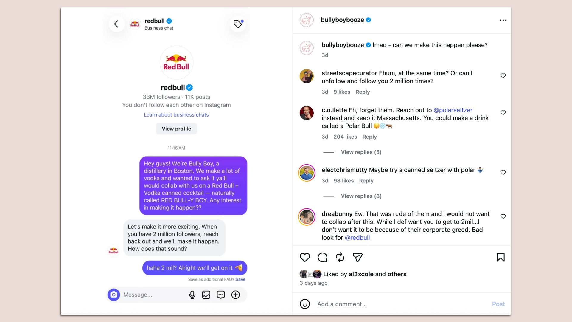 Instagram screenshot: left panel shows Red Bull business chat with logo and a purple message proposing a Red Bull vodka cocktail collab; right panel shows comments on bullyboybooze post.