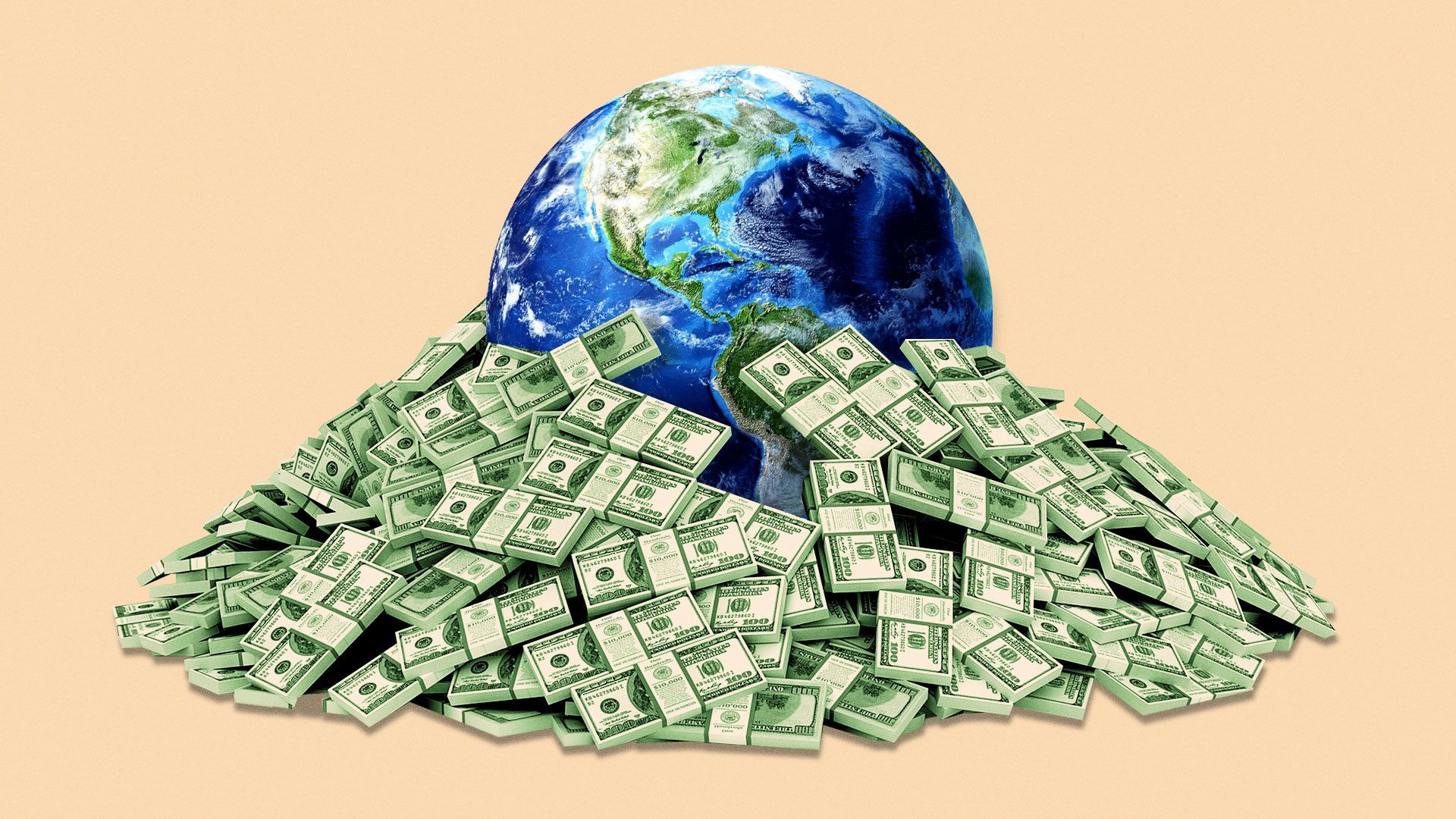 Illustration of the earth on a large pile of money
