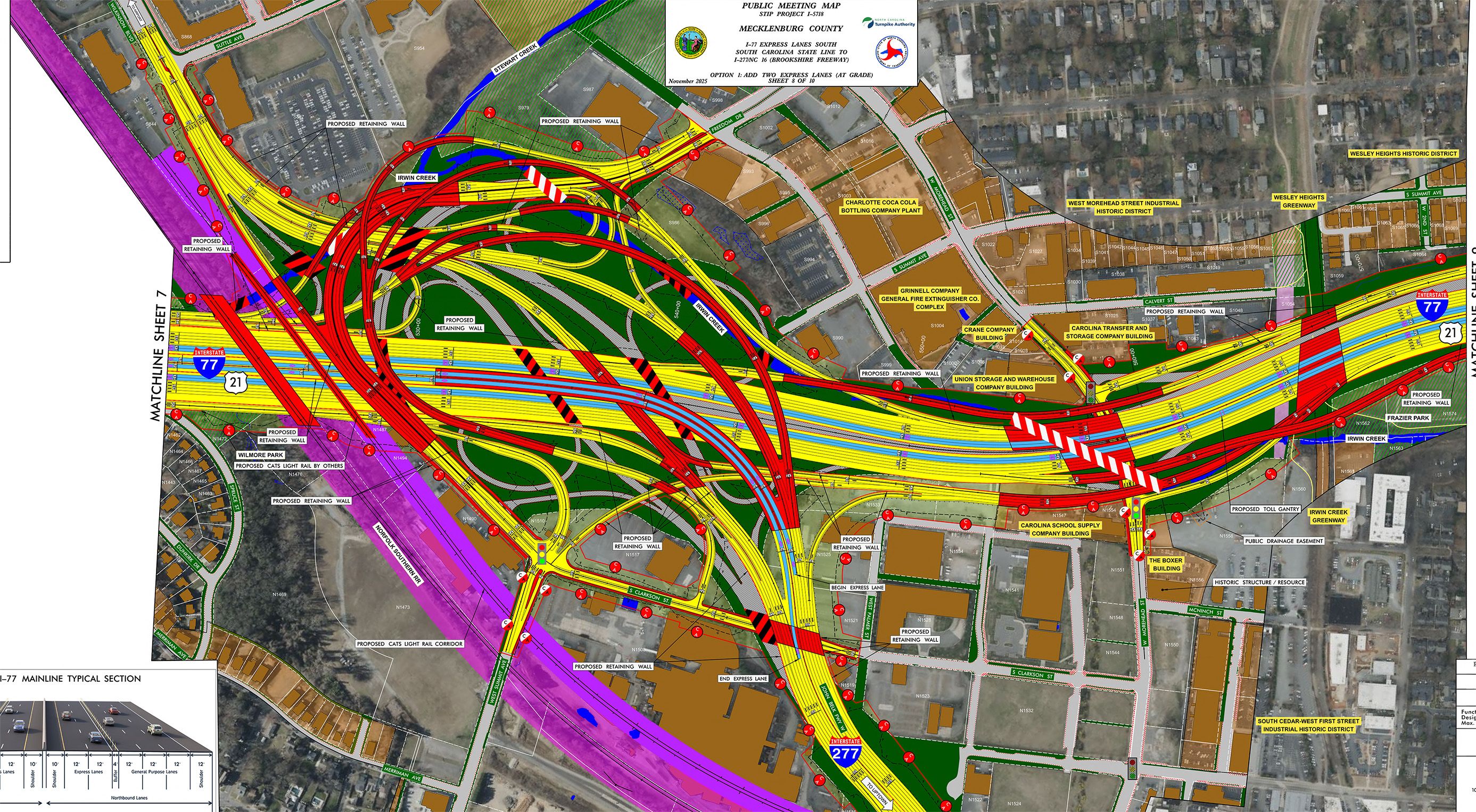 Detailed public meeting map of Mecklenburg County showing proposed express lanes and retaining walls along I-77 and I-277 with labeled buildings, roads, greenways, and landmarks.