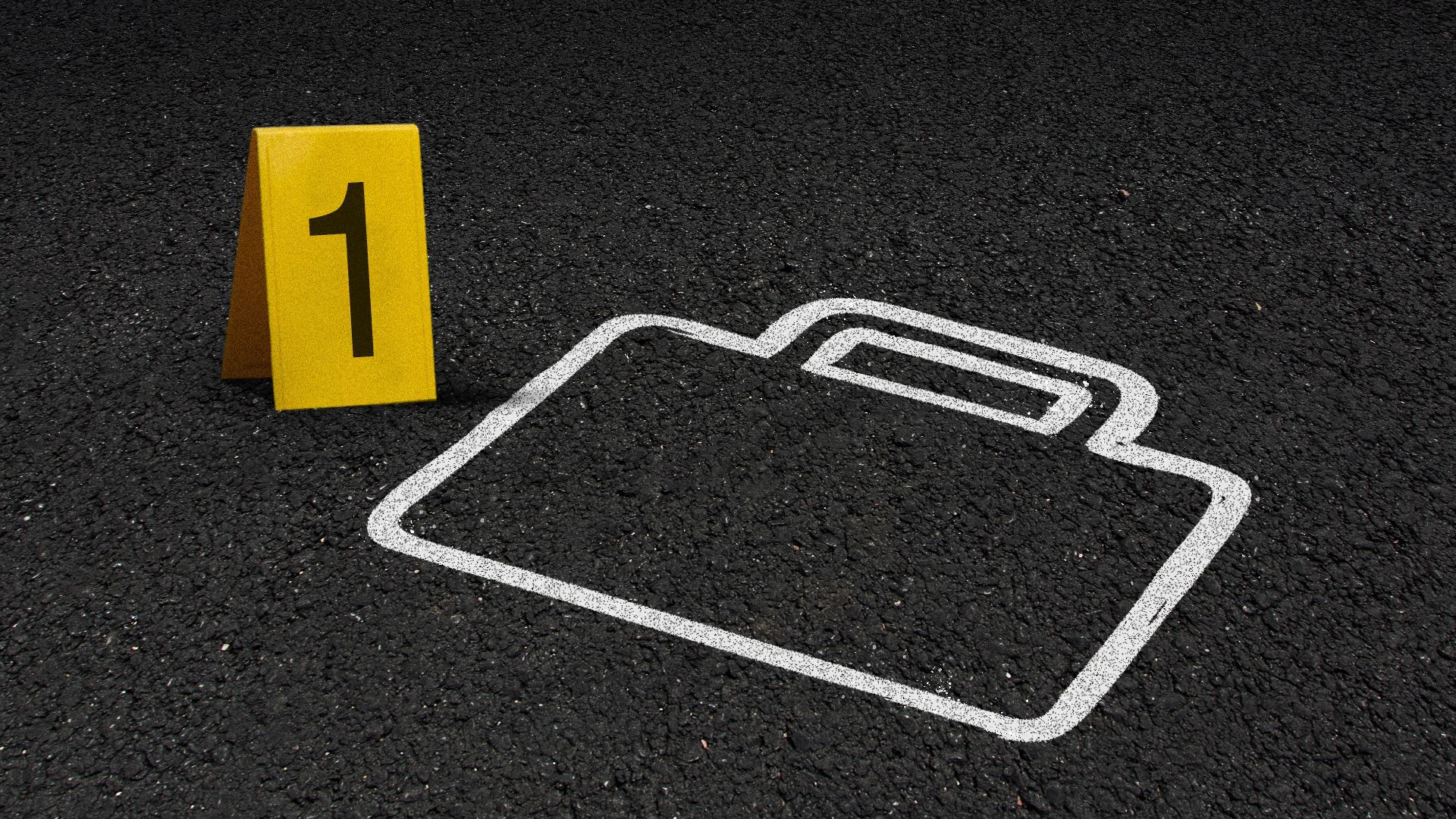 Illustration of a chalk outline of a briefcase with a crime scene number. 