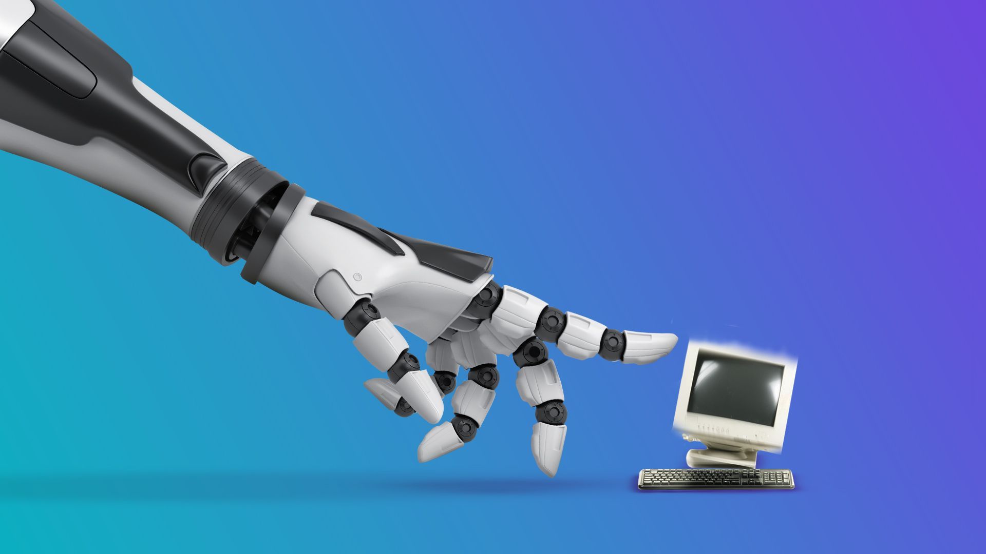 An illustration of a robotic hand flicking a computer monitor on its side.