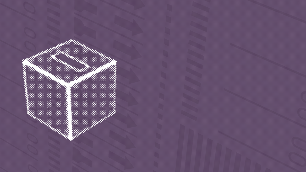 Animated illustration of a ballot dropping into a ballot box over a purple background, which rotates to become a checkbox, with a checkmark drawn in front of it.