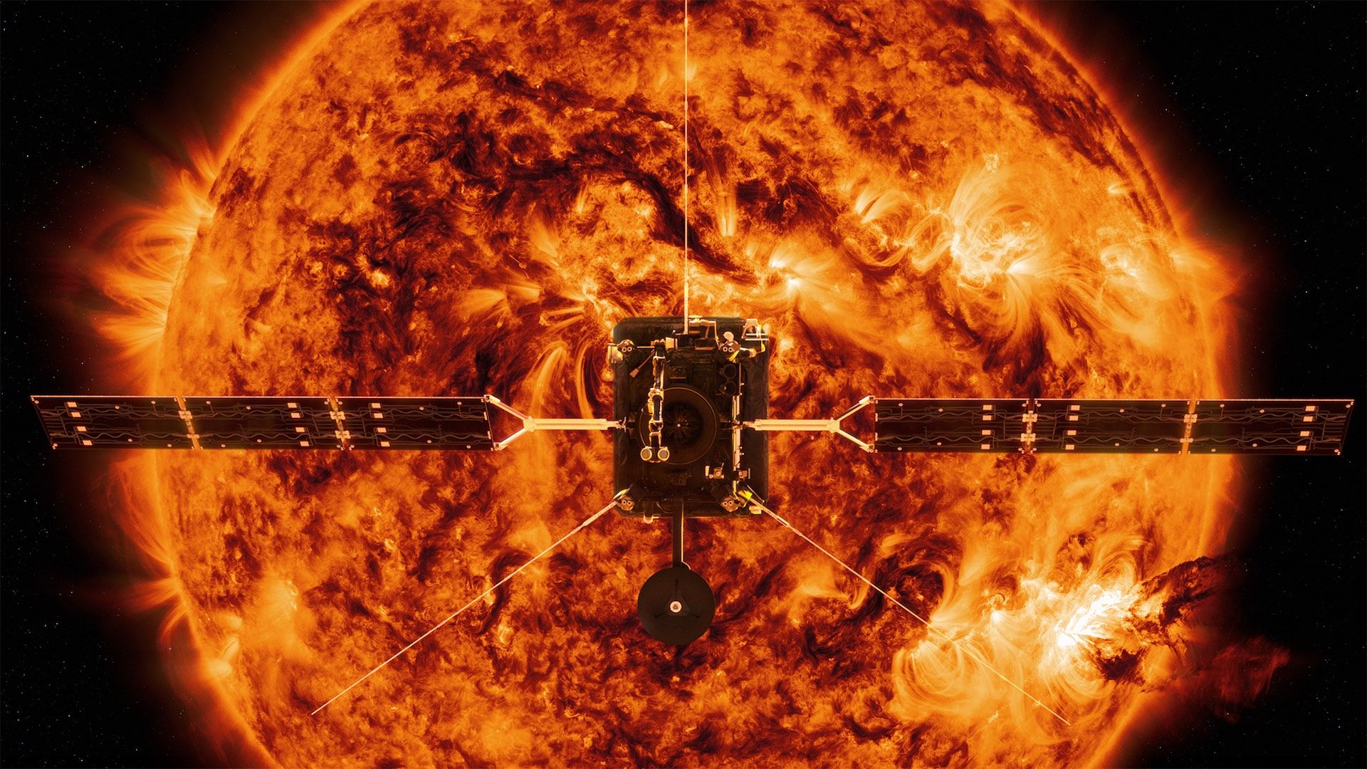 Artist's illustration showing the Solar Orbiter in front of the Sun shining in orange and yellow