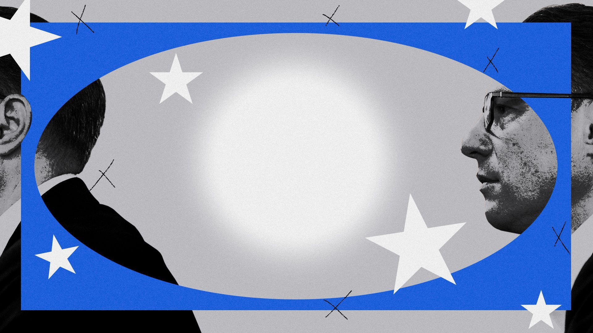 Photo illustration of Josh Shapiro surrounded by abstract stars, hand drawn X's and a spotlight on an empty spot of a blue frame. 