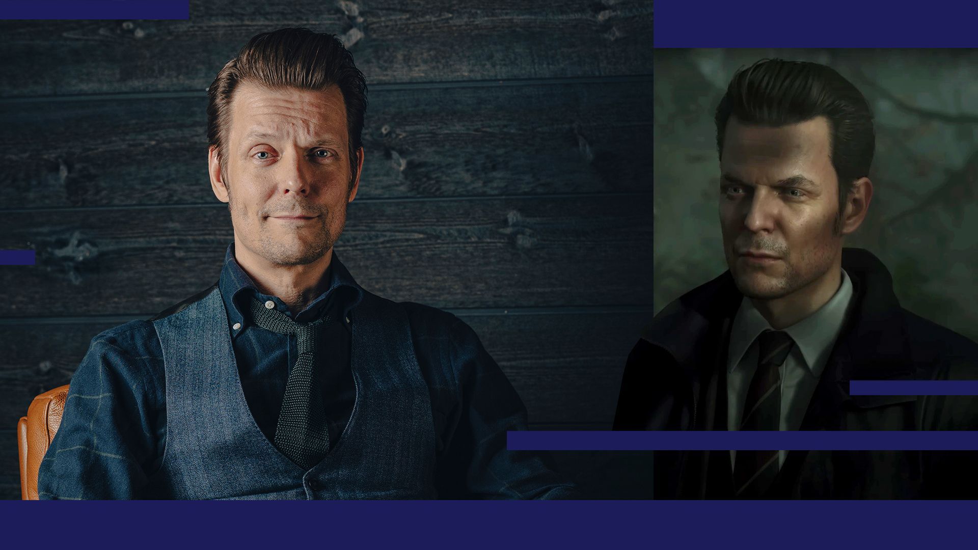 Photo illustration of Remedy Entertainment creative director Sam Lake next to his in-game character, Detective Alex Casey.