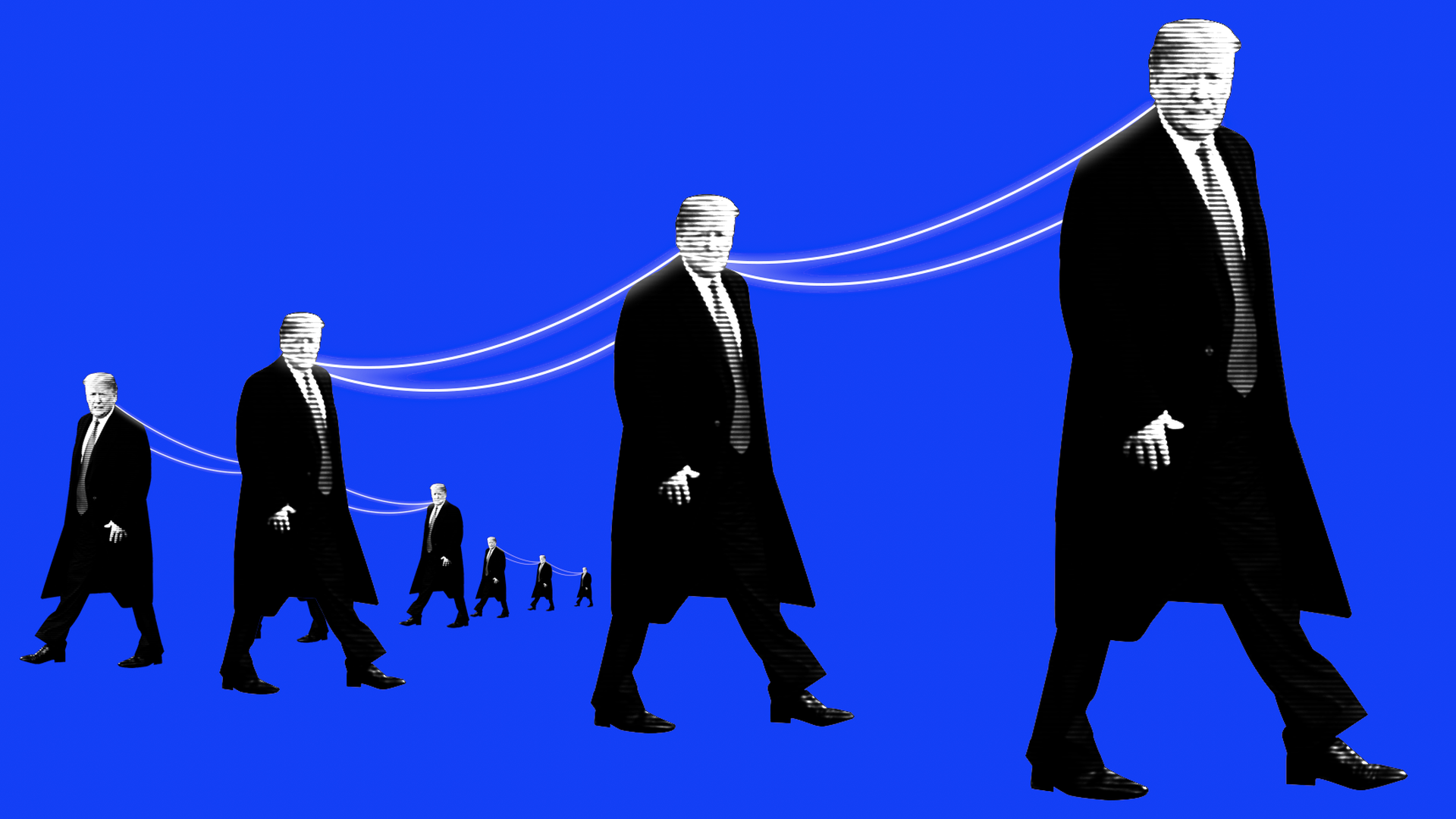 A group of President Trumps with power lines strung between them
