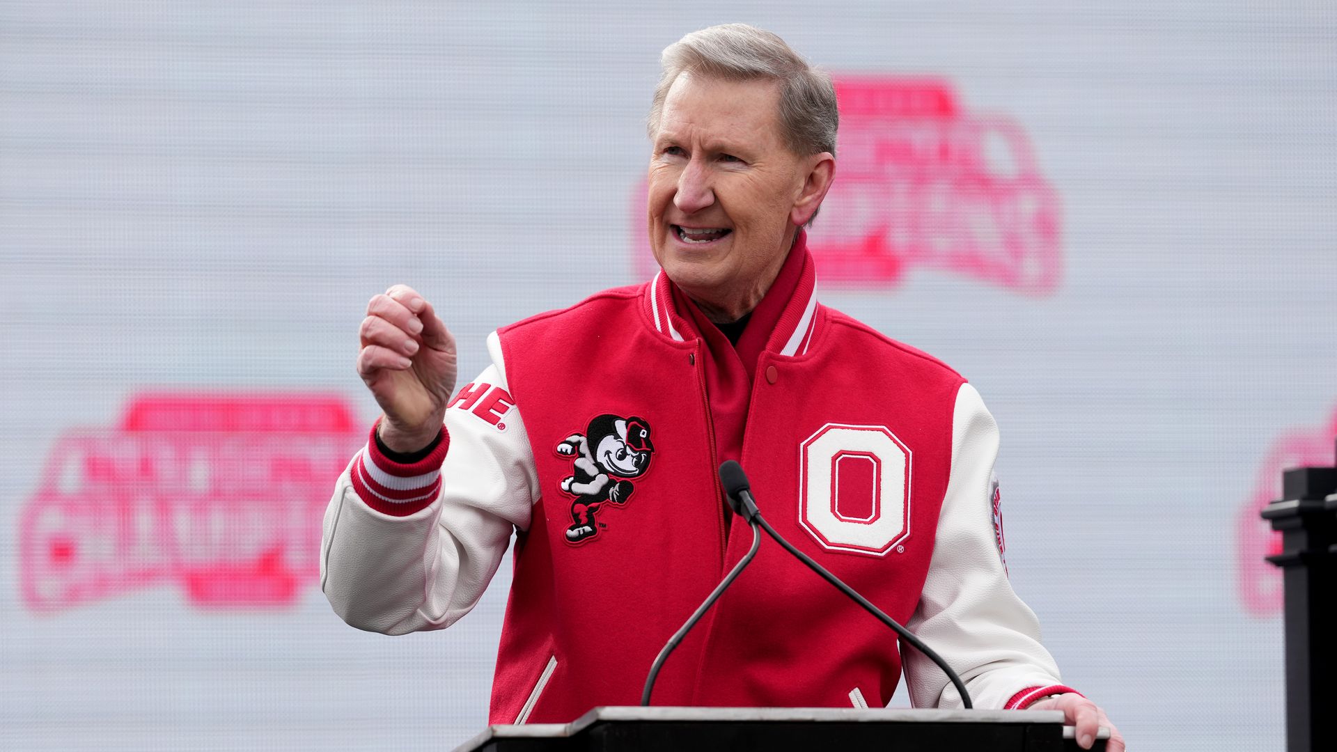 Former Ohio State University President Walter “Ted” Carter delivers remarks during the NCAA Football Championship celebration at Ohio Stadium
