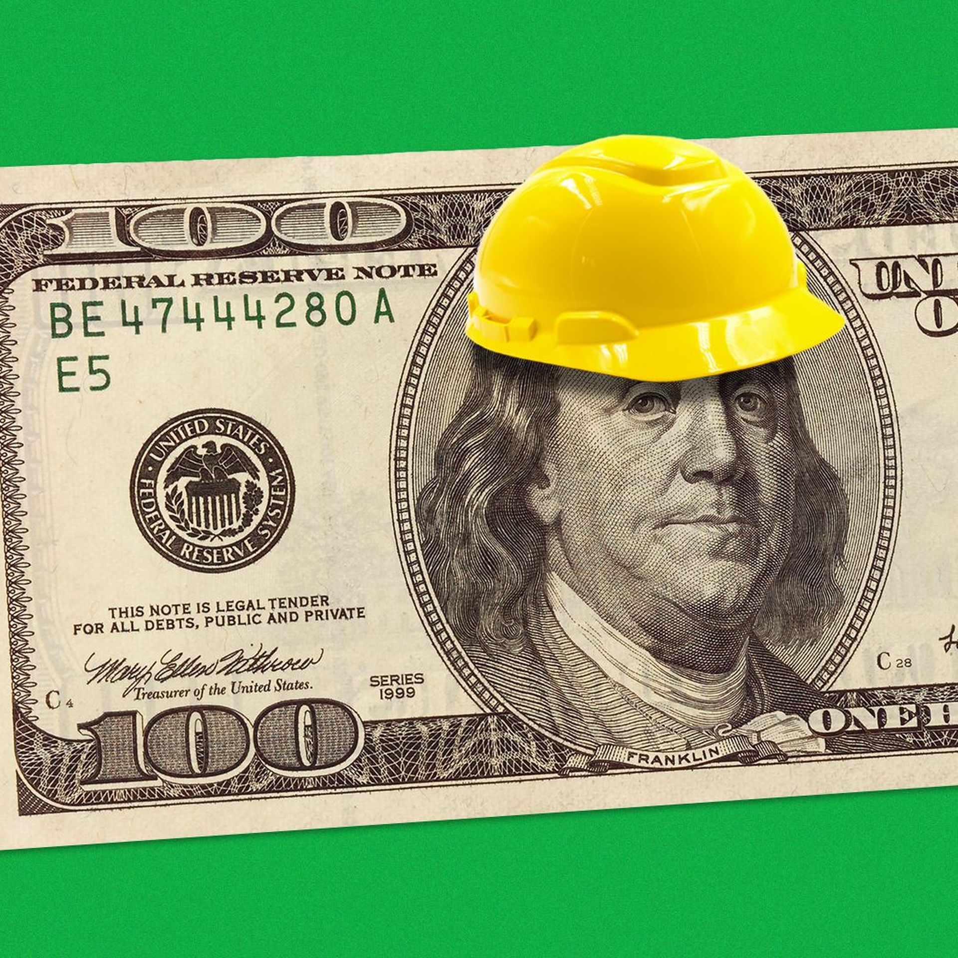 Illustration of a hundred dollar bill with Ben Franklin wearing a construction hat.