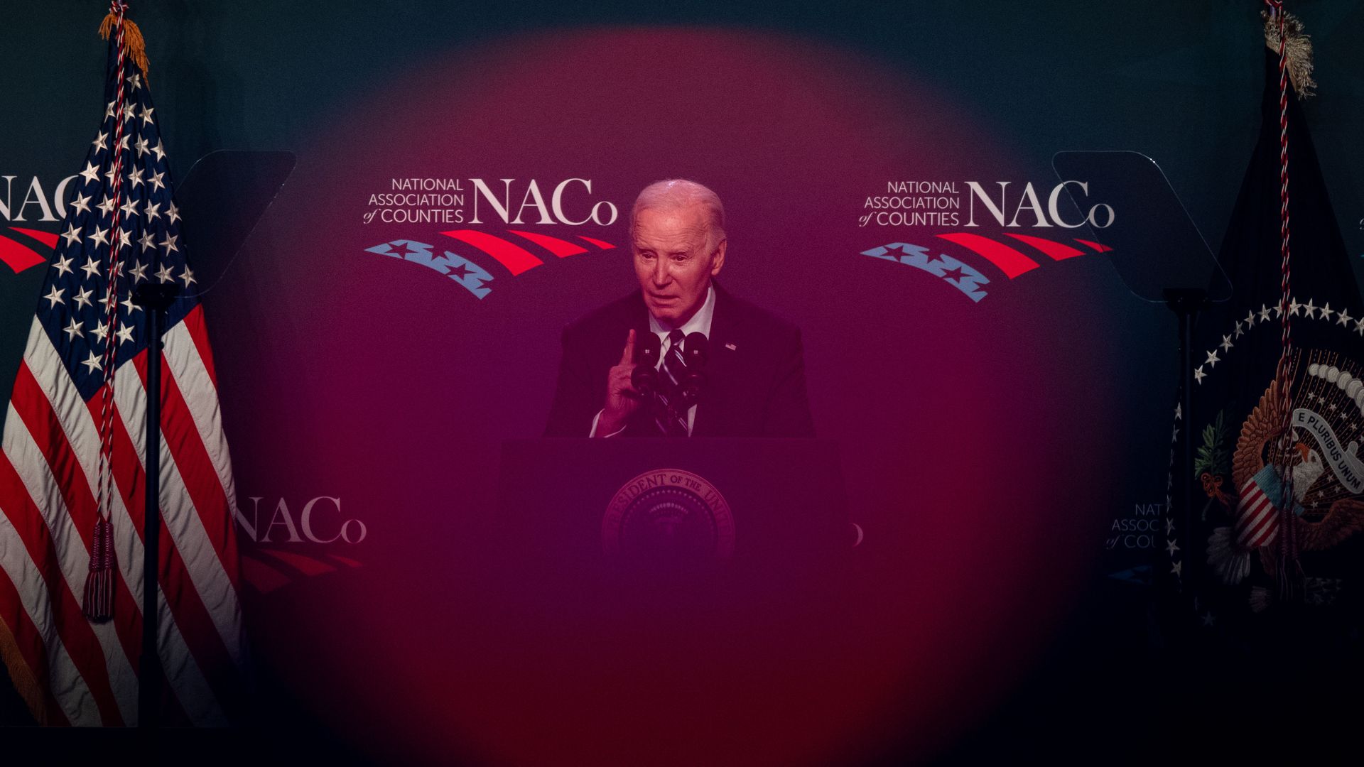 President Biden speaks at a gathering of county-level officials in D.C. yesterday. 