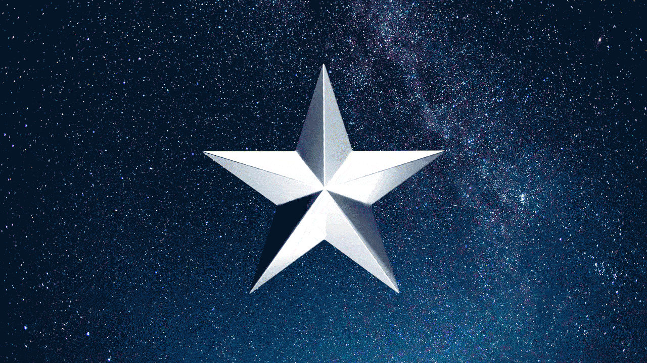 Animated illustration of a white star and a yellow star separating against a space background.
