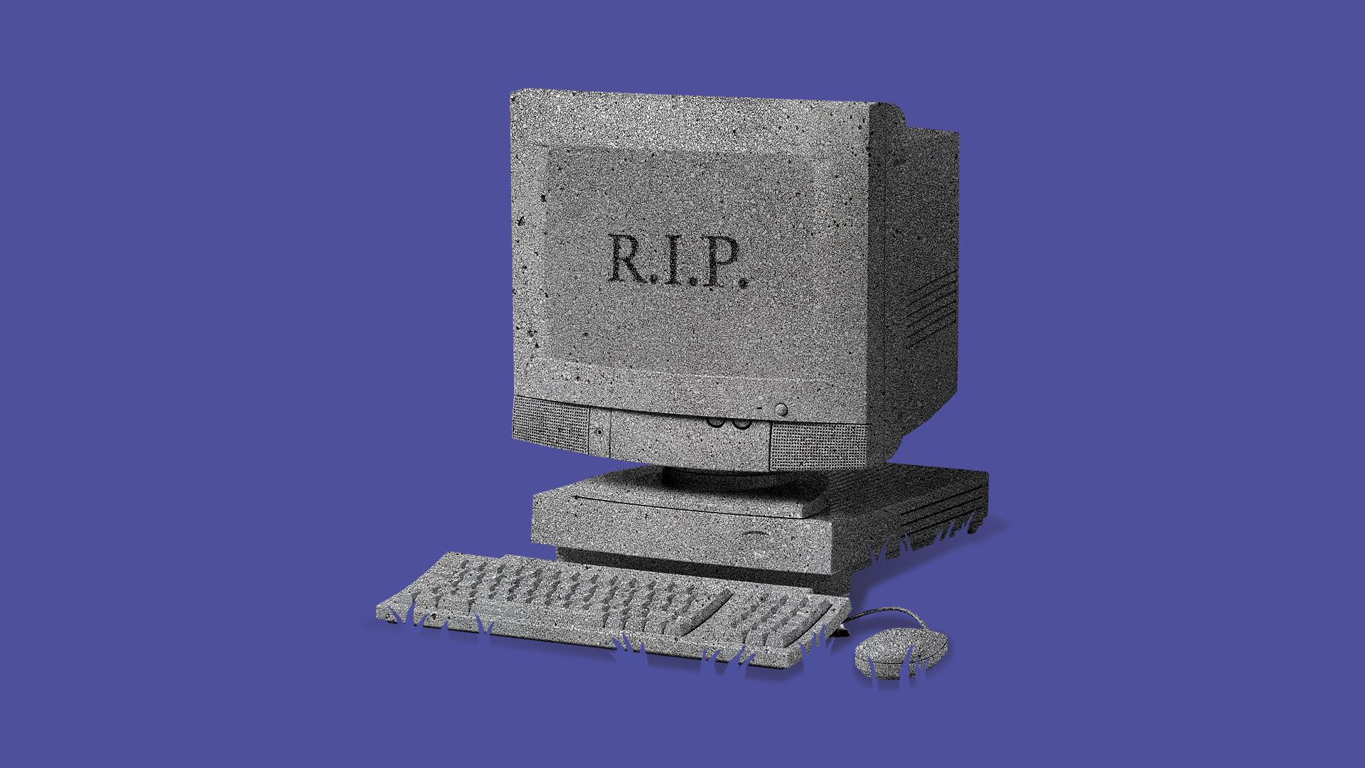 Illustration of a tombstone shaped like a computer