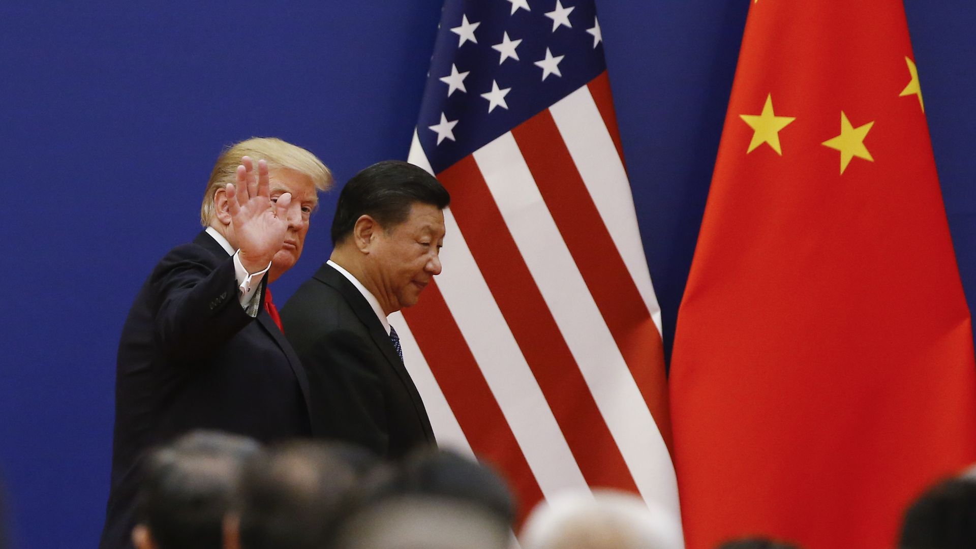 U.S. President Donald Trump and China's President Xi Jinping meet business leaders at the Great Hall of the People on November 9, 2017 in Beijing, China