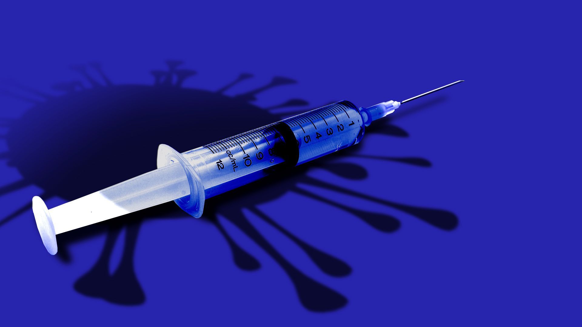Illustration with a COVID cell shaped shadow looming over a vaccine syringe
