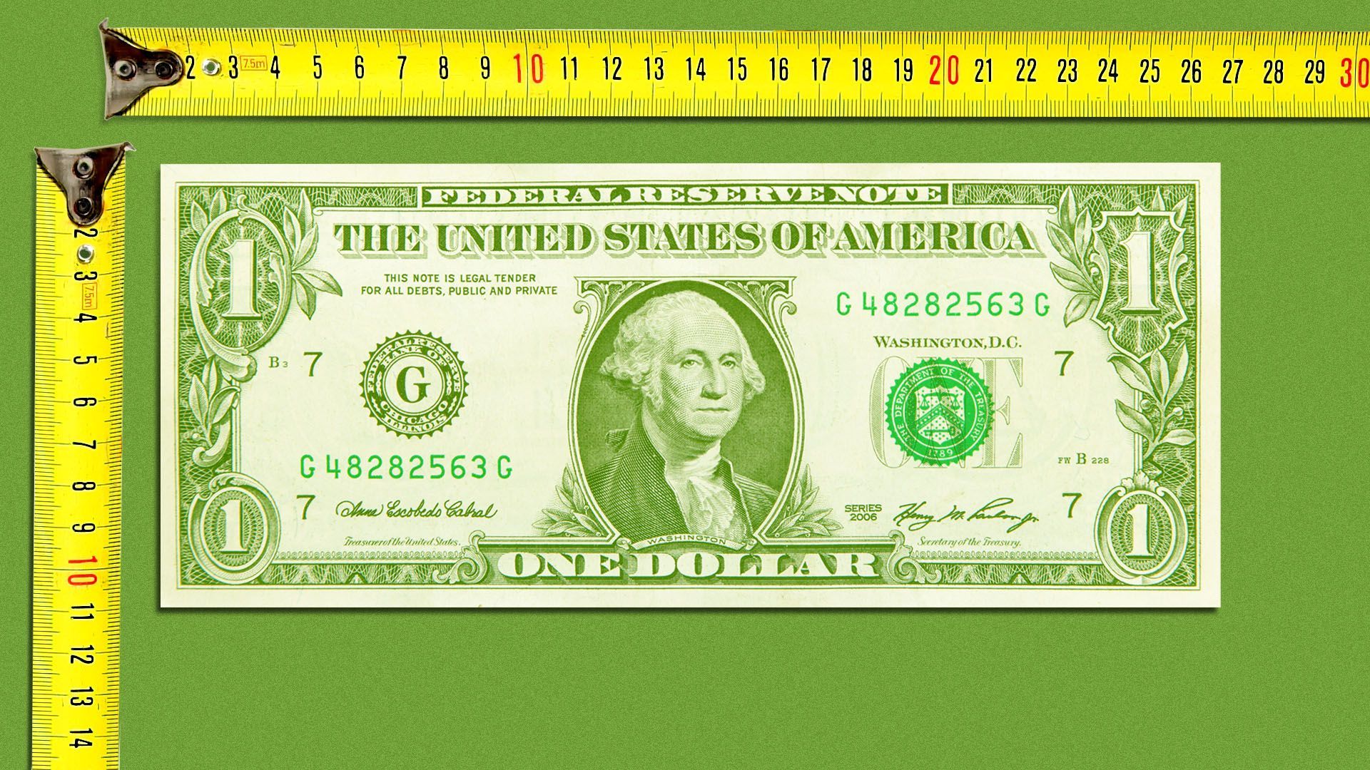 Illustration of measuring tape measuring a dollar bill