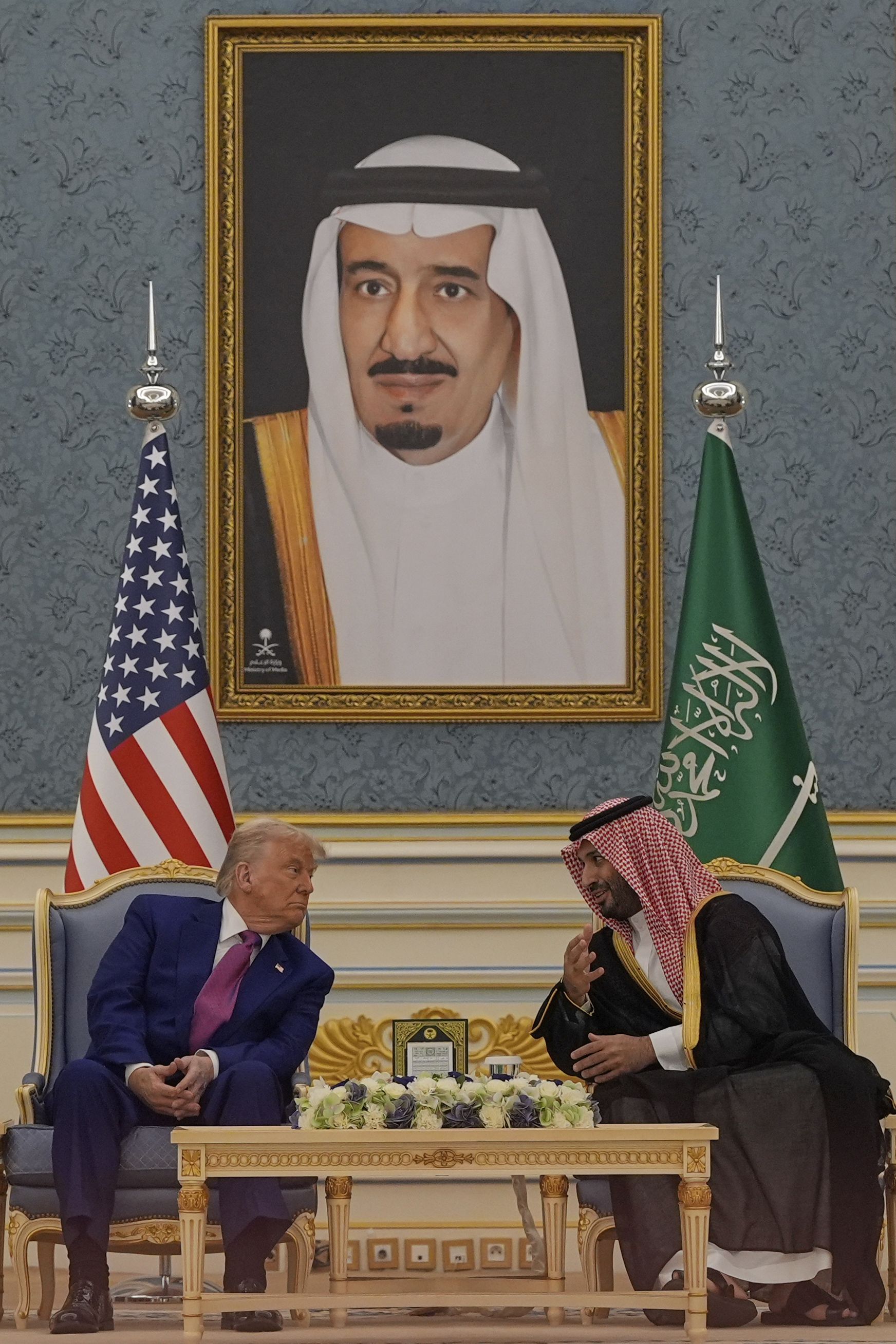 President Trump and Saudi Crown Prince Mohammed bin Salman speak during their meeting in Riyadh.
