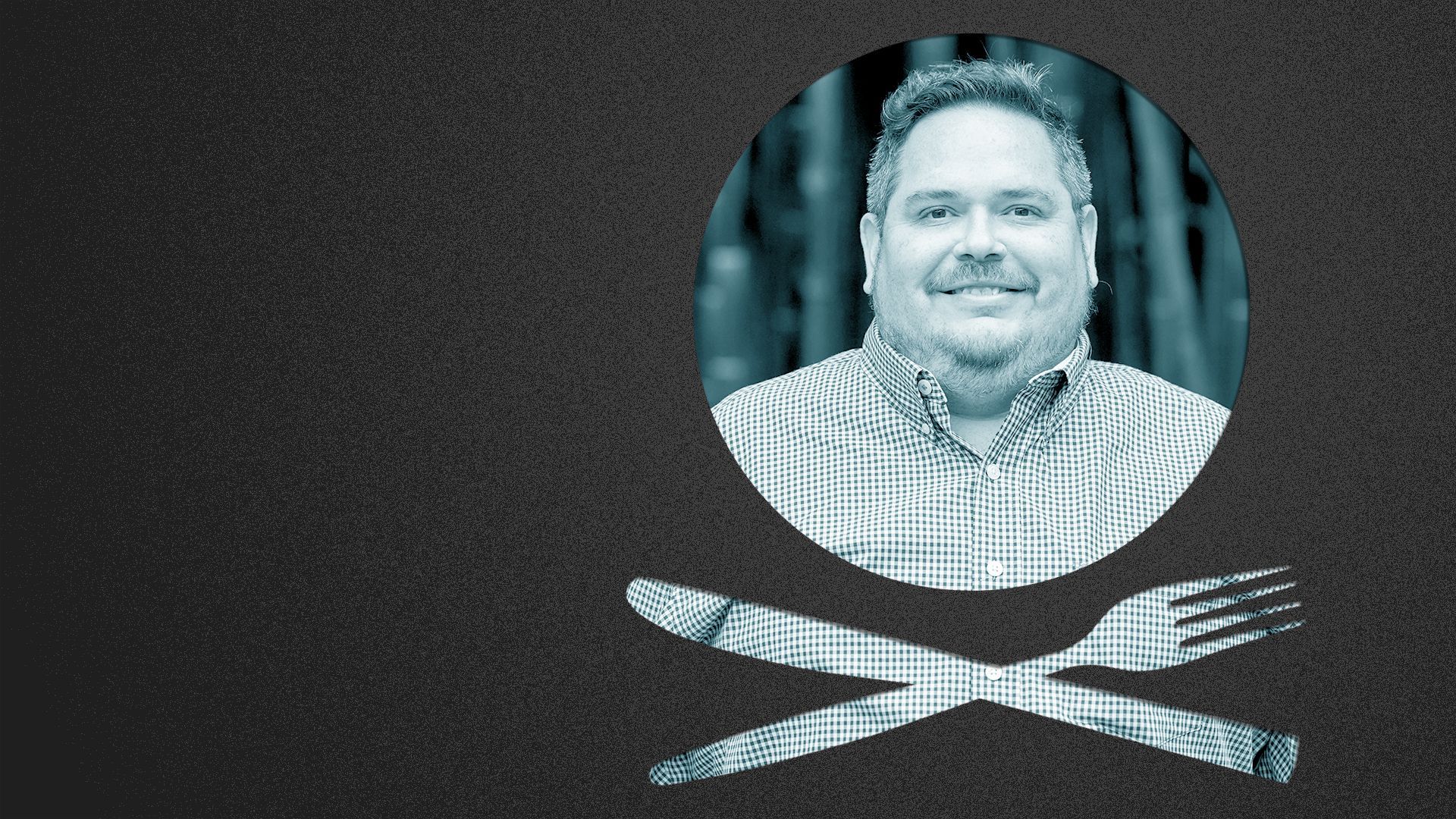 Photo illustration of a place setting shaped like a skull and crossbones containing a photo of Greg Cantu.