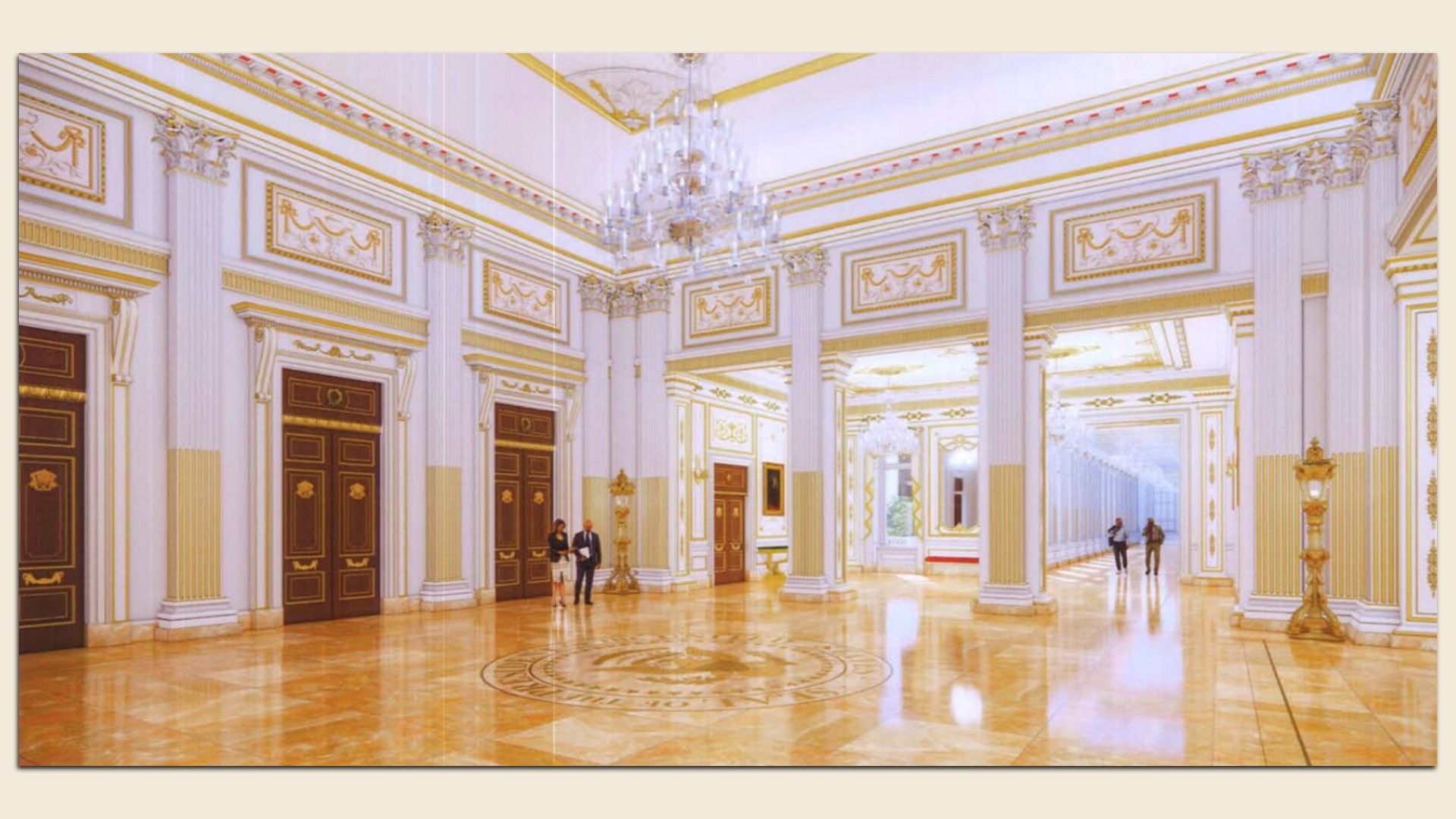 Luxurious palace hall with white columns, gold accents, and crystal chandeliers. A polished marble floor with a circular emblem; a few people stand near ornate doors along the corridor.