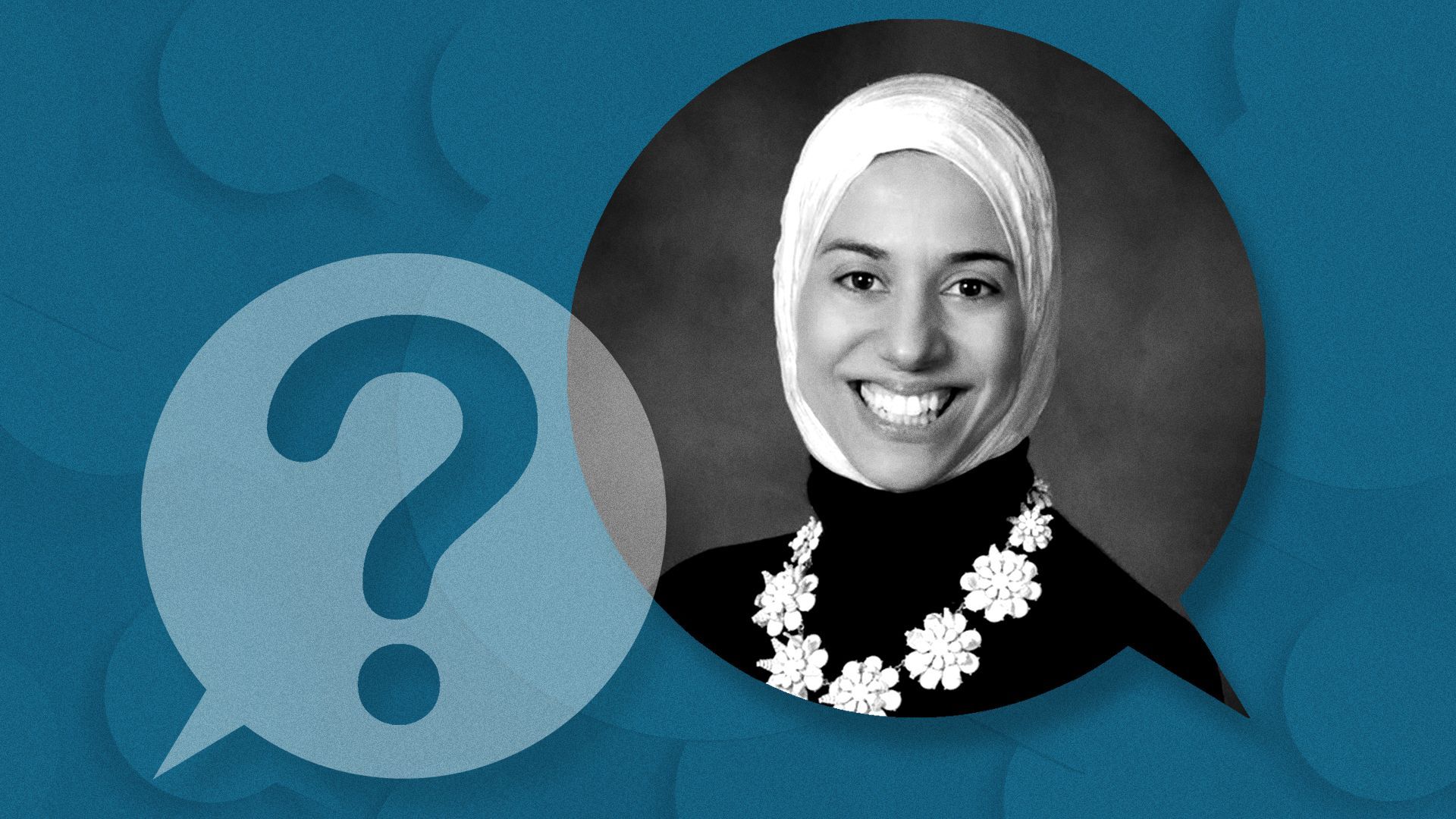 Photo illustration of two talk bubbles, with Nuha Elkhiamy on the right.