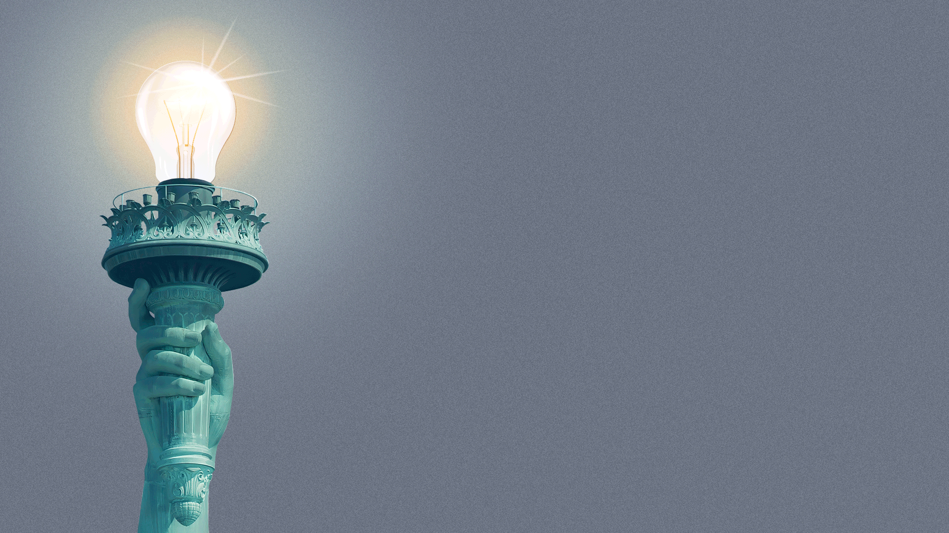 Illustration of the Statue of Liberty holding up a torch with a flickering light bulb as the fire. 