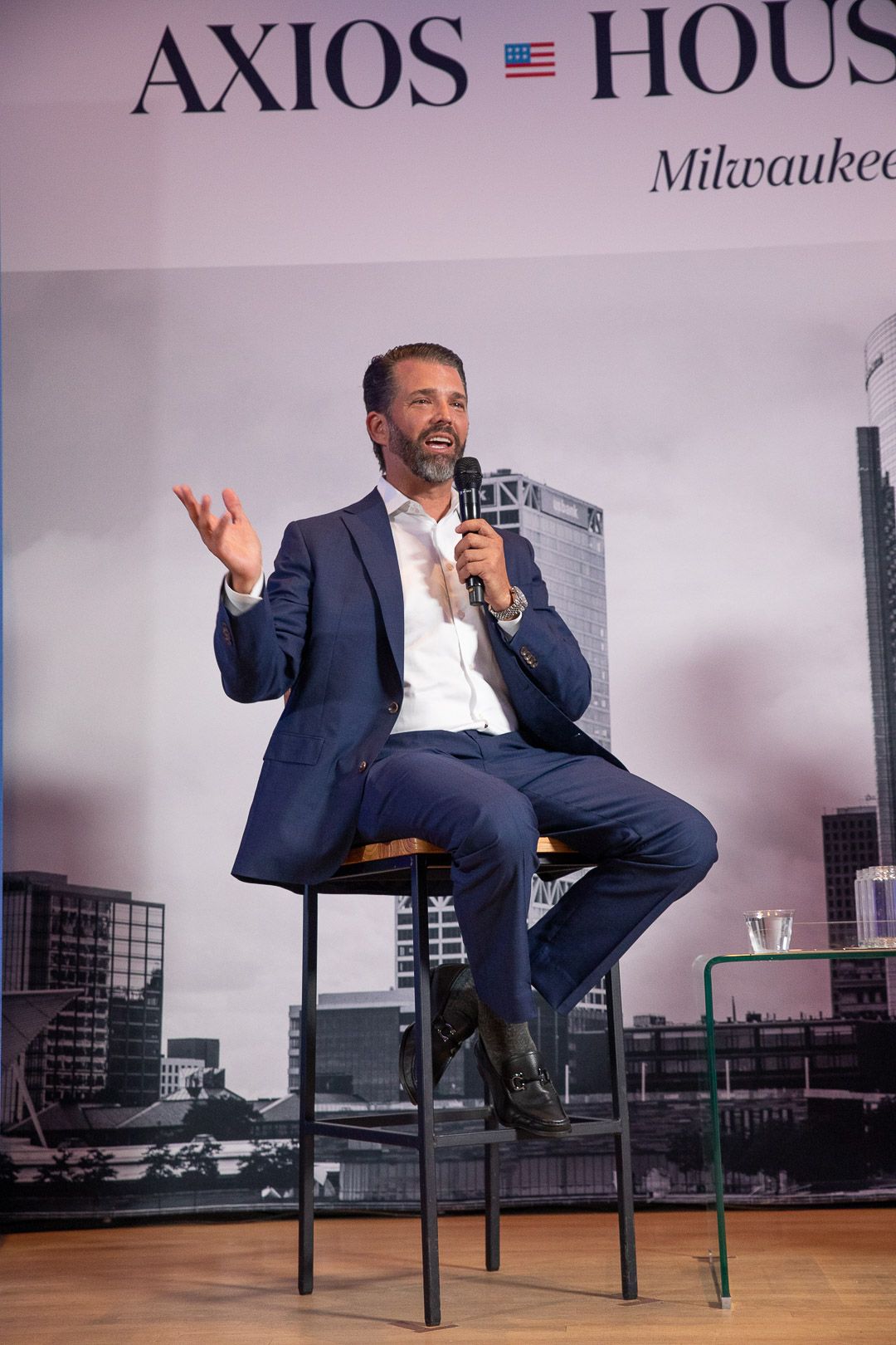 Donald Trump Jr. during an interview at Axios House in Milwaukee yesterday.