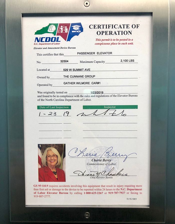cherie berry elevator certificate