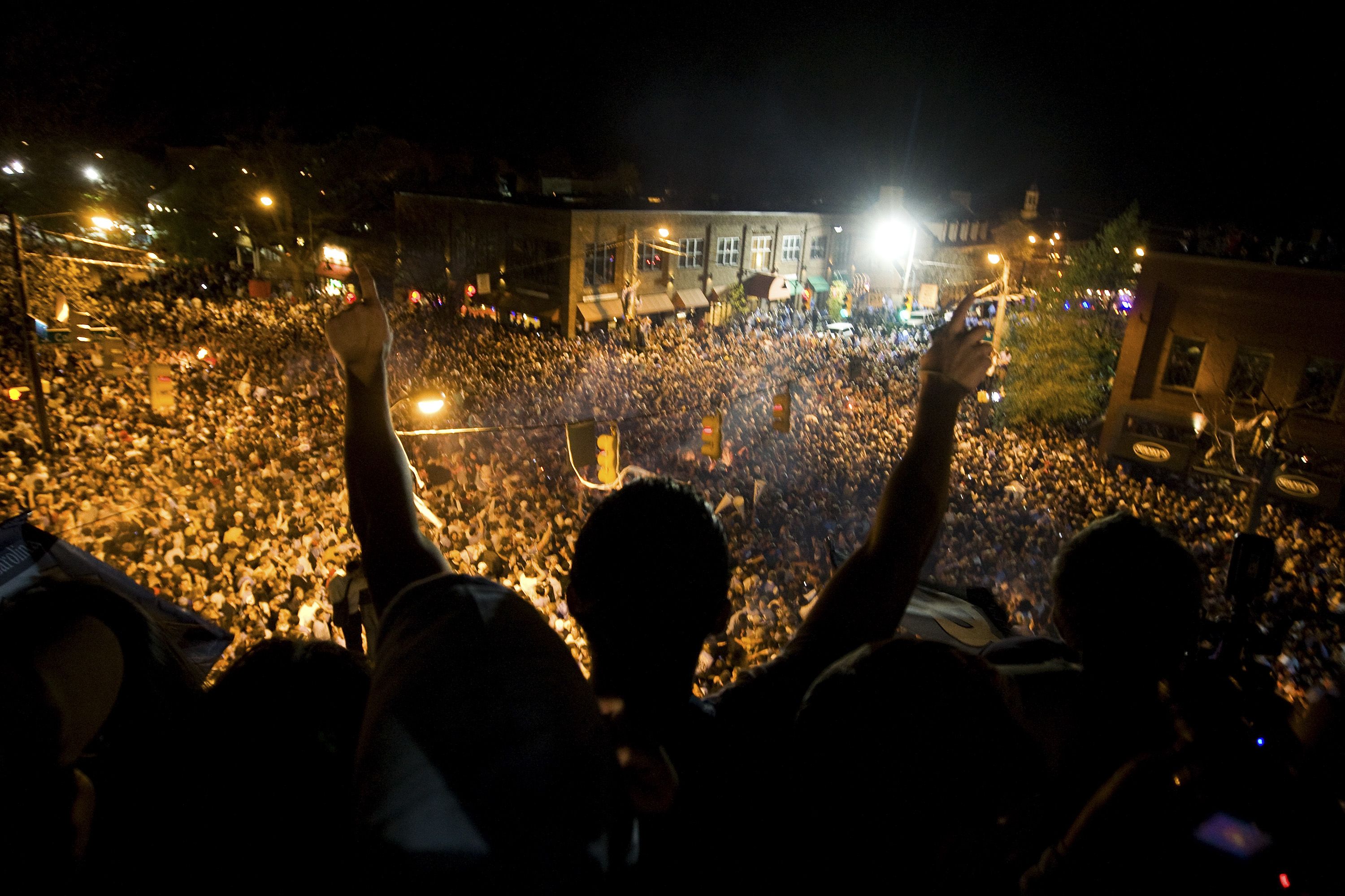 CHAPEL HILL, NC - APRIL 7: University of North Carolina fans celebrate after the Tar Heels defeated Michigan State in the NCAA men's basketball tournament Final Four game on April 7, 2009 in Chapel Hill, North Carolina. (Photo by Chris Keane/Getty Images)
