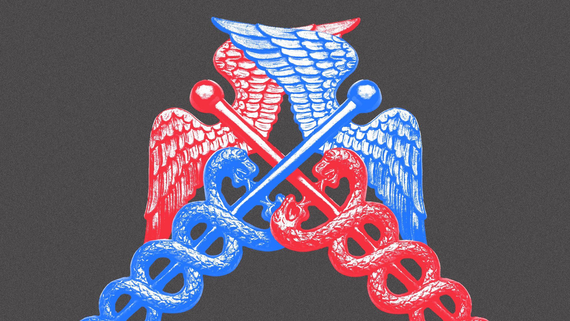 Illustration of a red caduceus crossed with a blue caduceus.