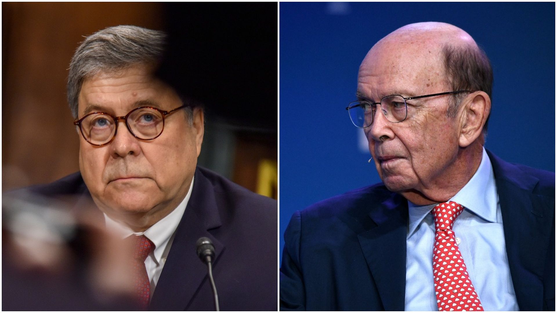 This image is a split screen of Bill Barr and Wilbur Ross.